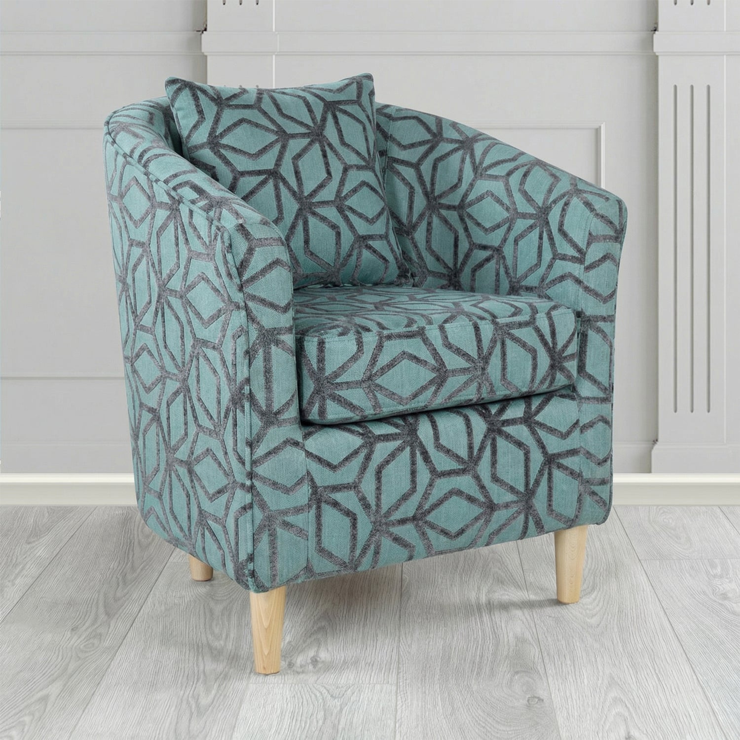 St Tropez Tub Chair in Panaz Fabrics Lexington Corinthia Geometric Crib 5 Velvet Fabric with Scatter Cushion