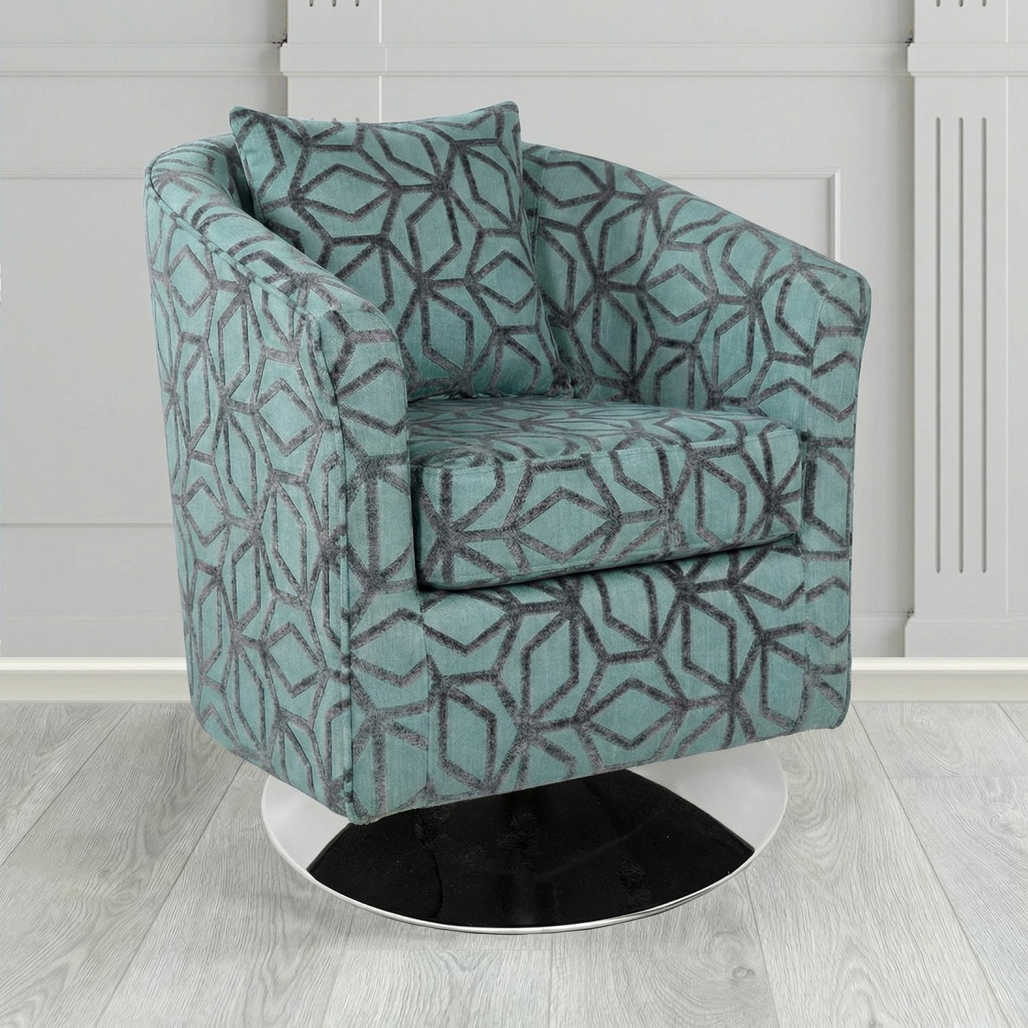 St Tropez Swivel Tub Chair in Panaz Fabrics Lexington Corinthia Geometric Crib 5 Velvet Fabric with Scatter Cushion