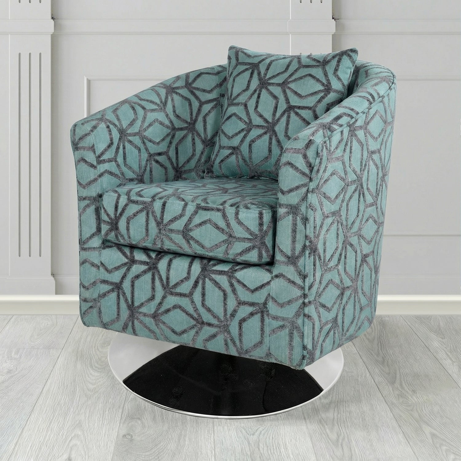 St Tropez Swivel Tub Chair in Panaz Fabrics Lexington Corinthia Geometric Crib 5 Velvet Fabric with Scatter Cushion