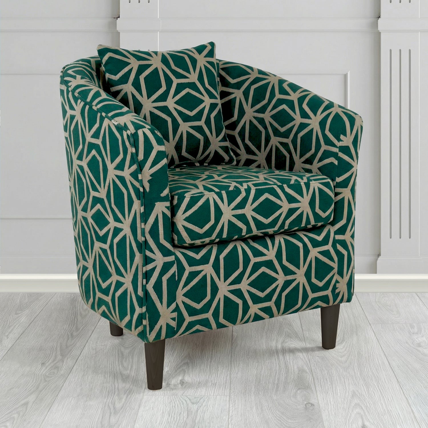 St Tropez Tub Chair in Panaz Fabrics Lexington Corinthia Geometric Crib 5 Velvet Fabric with Scatter Cushion