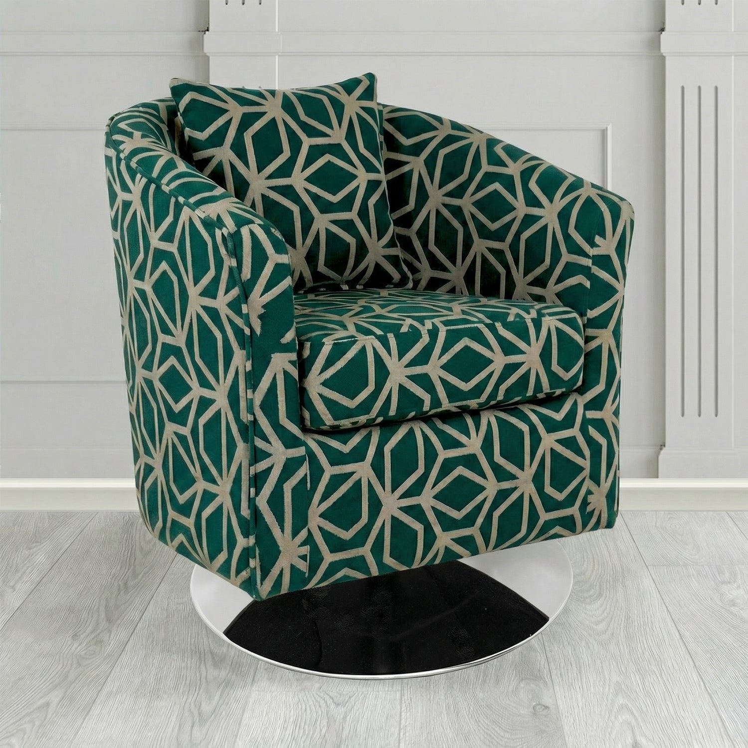 St Tropez Swivel Tub Chair in Panaz Fabrics Lexington Corinthia Geometric Crib 5 Velvet Fabric with Scatter Cushion