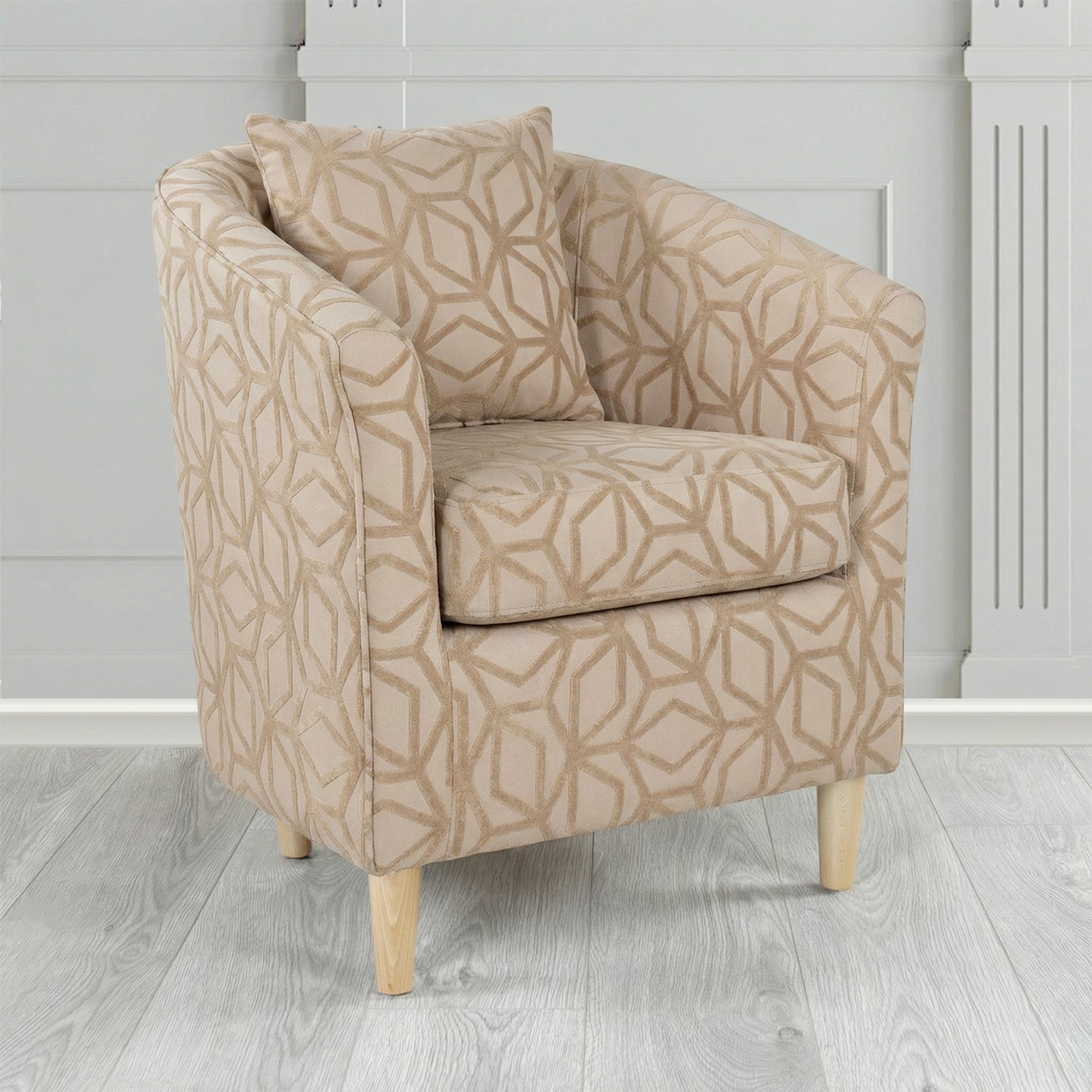 St Tropez Tub Chair in Panaz Fabrics Lexington Corinthia Geometric Crib 5 Velvet Fabric with Scatter Cushion