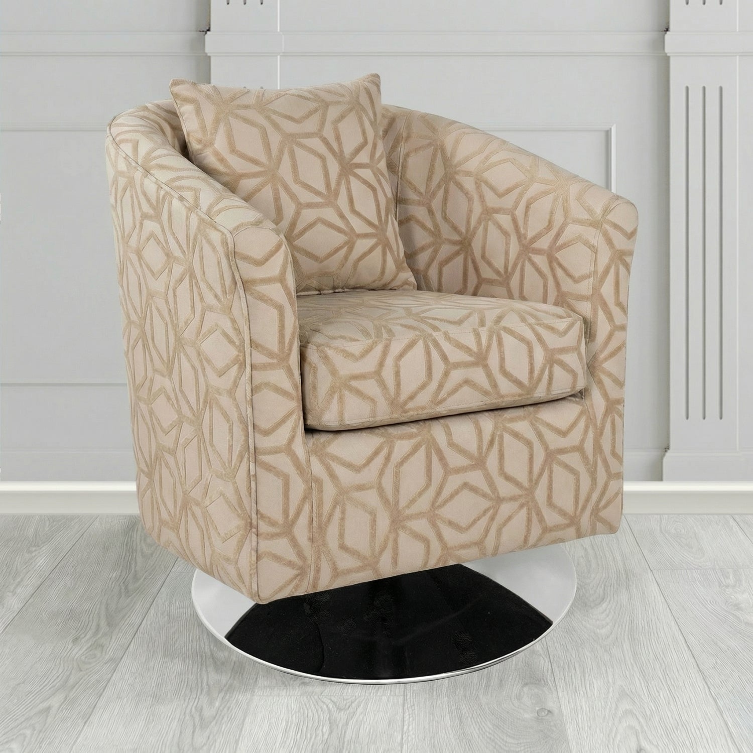 St Tropez Swivel Tub Chair in Panaz Fabrics Lexington Corinthia Geometric Crib 5 Velvet Fabric with Scatter Cushion