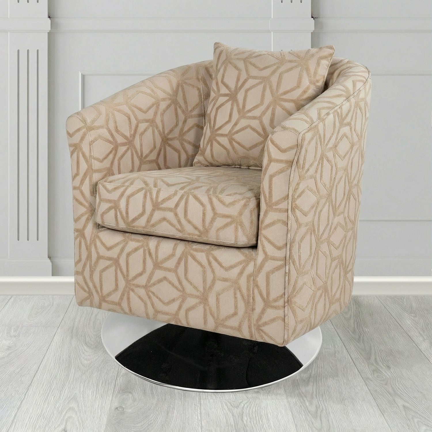 St Tropez Swivel Tub Chair in Panaz Fabrics Lexington Corinthia Geometric Crib 5 Velvet Fabric with Scatter Cushion