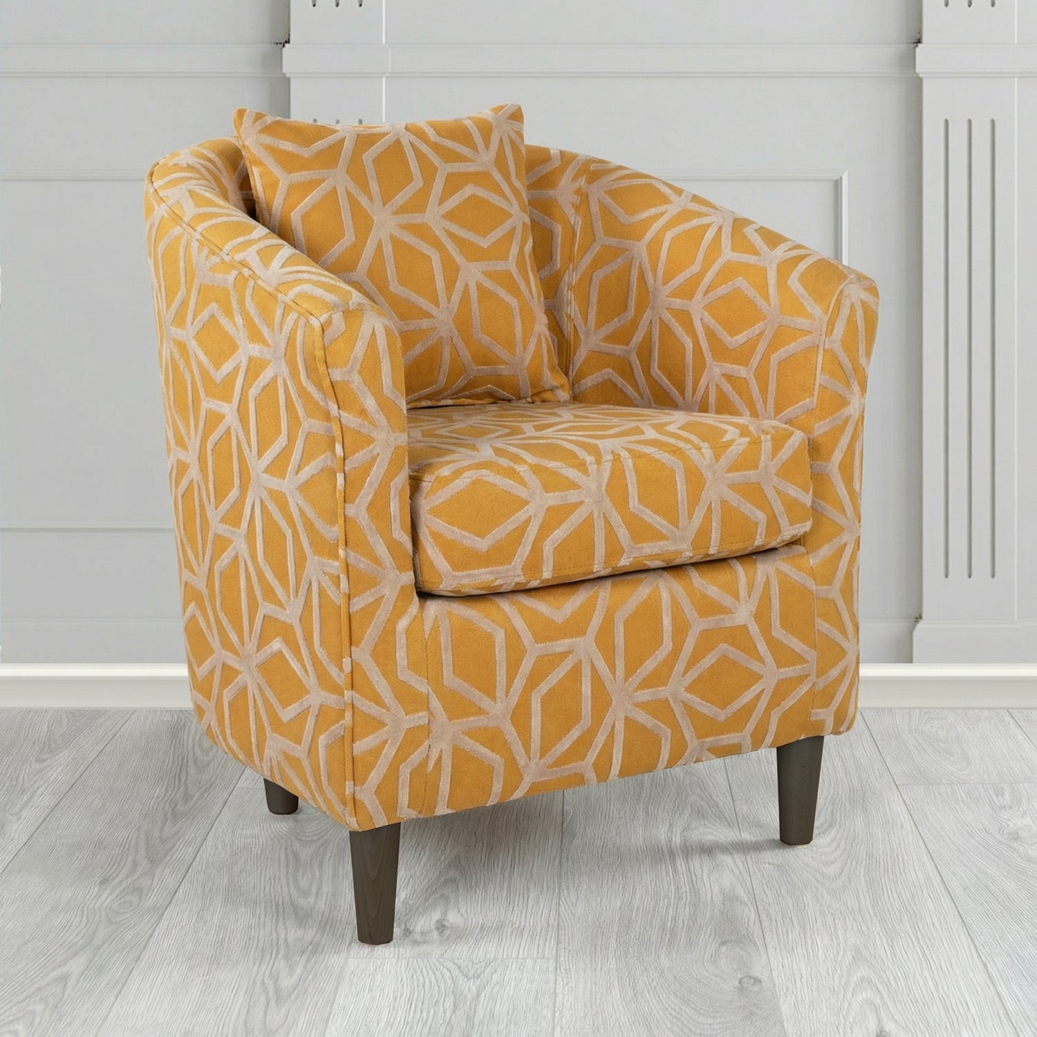 St Tropez Tub Chair in Panaz Fabrics Lexington Corinthia Geometric Crib 5 Velvet Fabric with Scatter Cushion