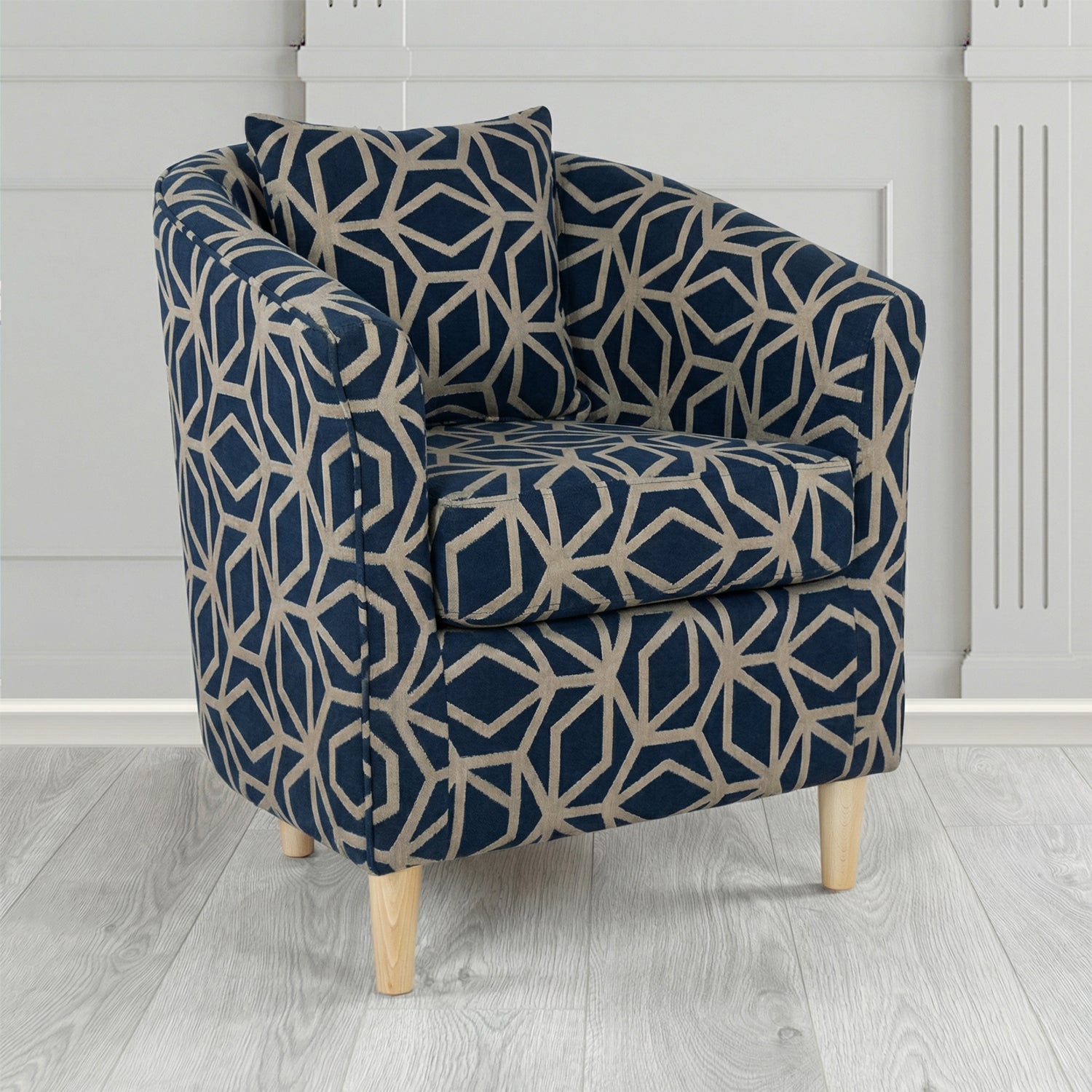 St Tropez Tub Chair in Panaz Fabrics Lexington Corinthia Geometric Crib 5 Velvet Fabric with Scatter Cushion