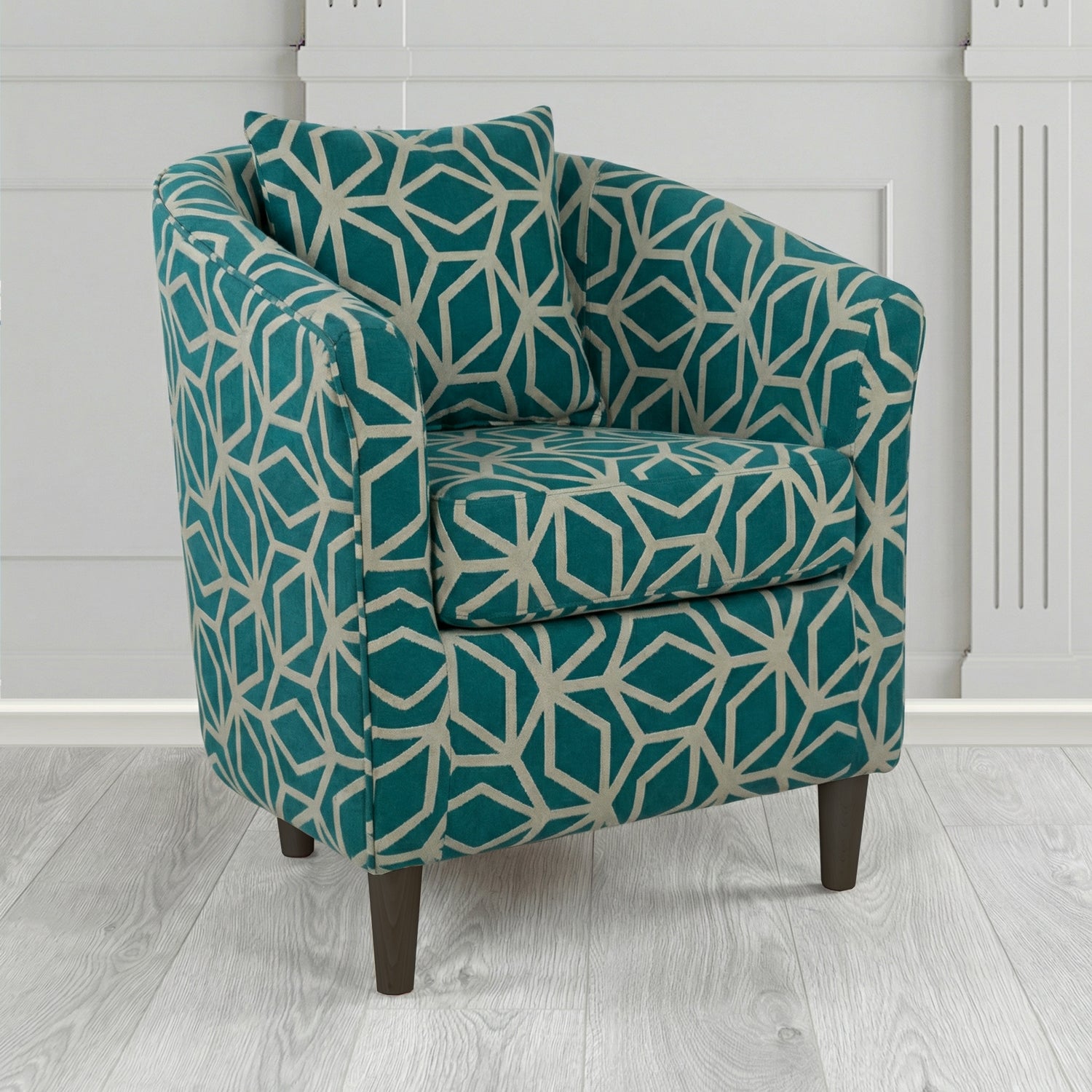 St Tropez Tub Chair in Panaz Fabrics Lexington Corinthia Geometric Crib 5 Velvet Fabric with Scatter Cushion