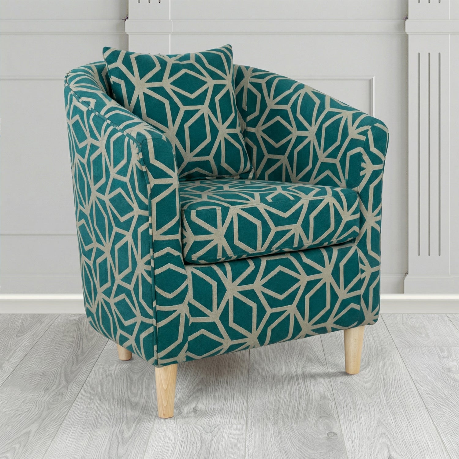St Tropez Tub Chair in Panaz Fabrics Lexington Corinthia Geometric Crib 5 Velvet Fabric with Scatter Cushion