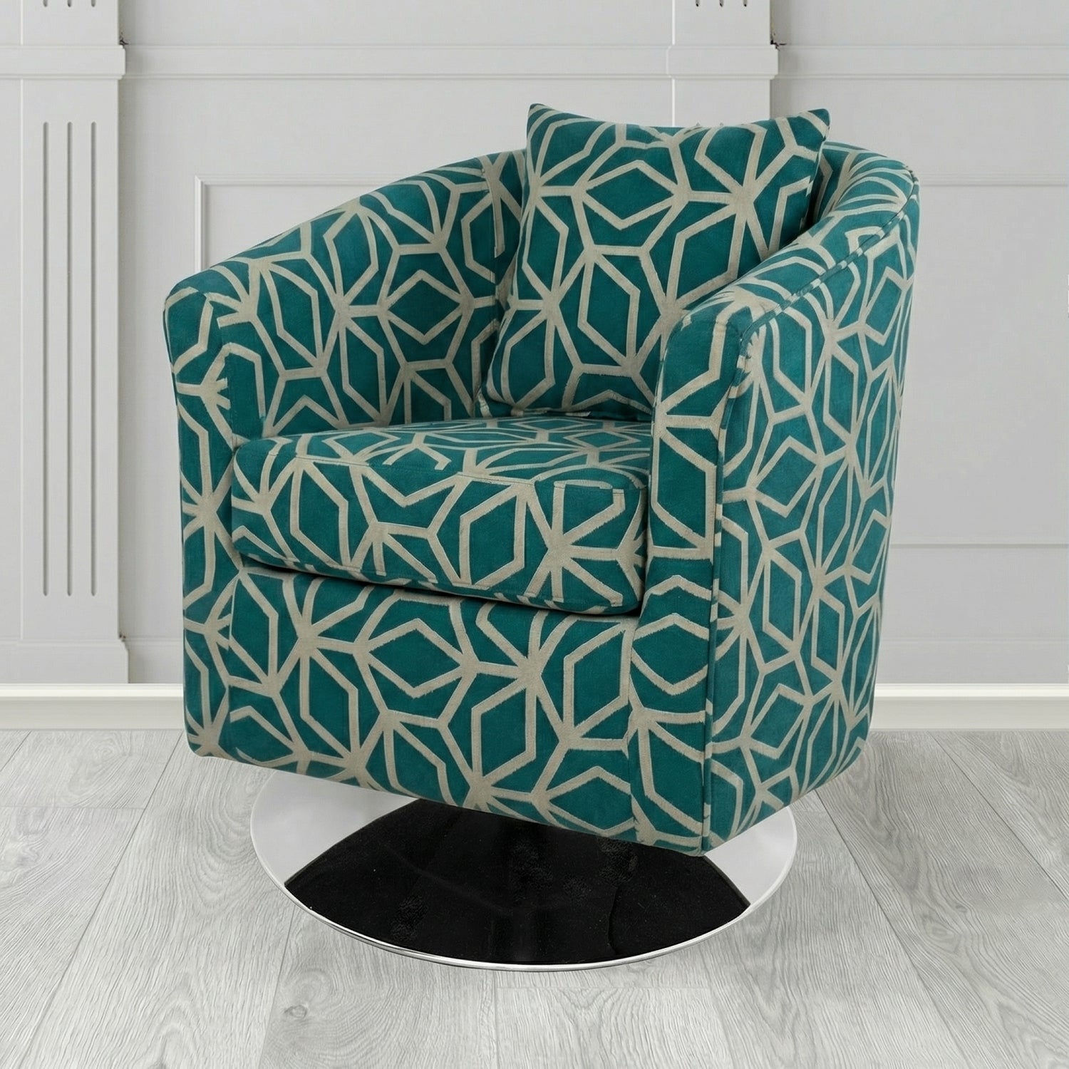 St Tropez Swivel Tub Chair in Panaz Fabrics Lexington Corinthia Geometric Crib 5 Velvet Fabric with Scatter Cushion
