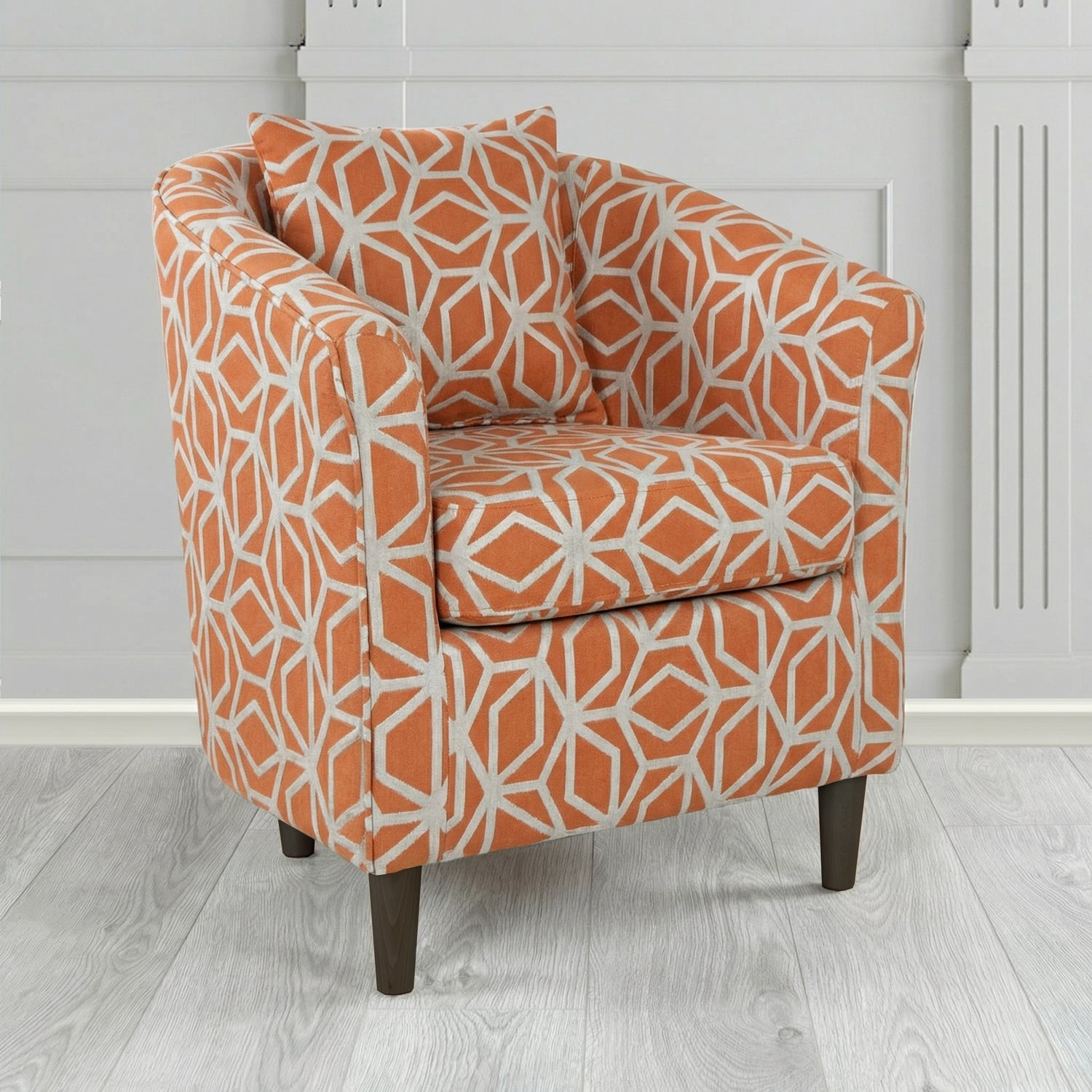 St Tropez Tub Chair in Panaz Fabrics Lexington Corinthia Geometric Crib 5 Velvet Fabric with Scatter Cushion