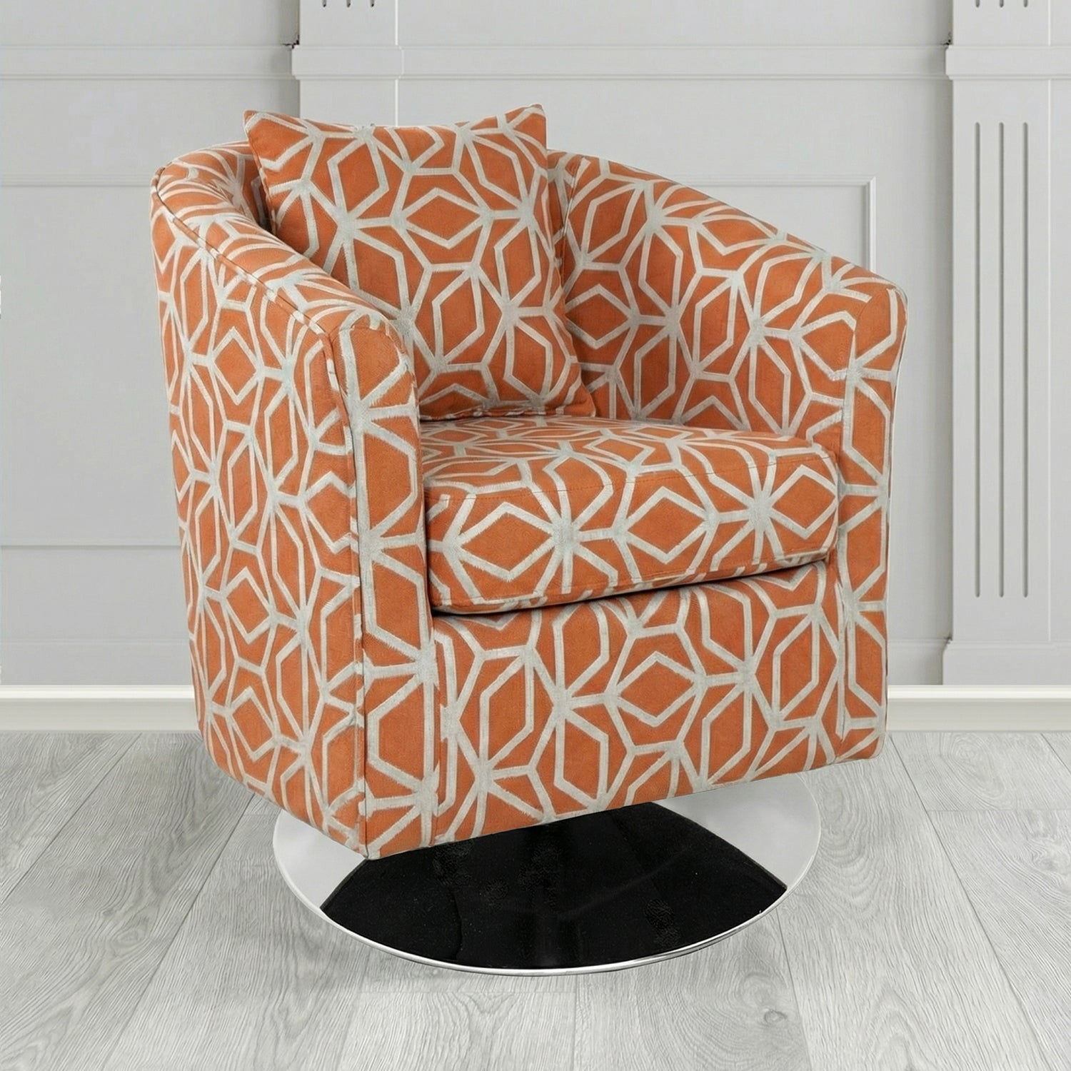 St Tropez Swivel Tub Chair in Panaz Fabrics Lexington Corinthia Geometric Crib 5 Velvet Fabric with Scatter Cushion