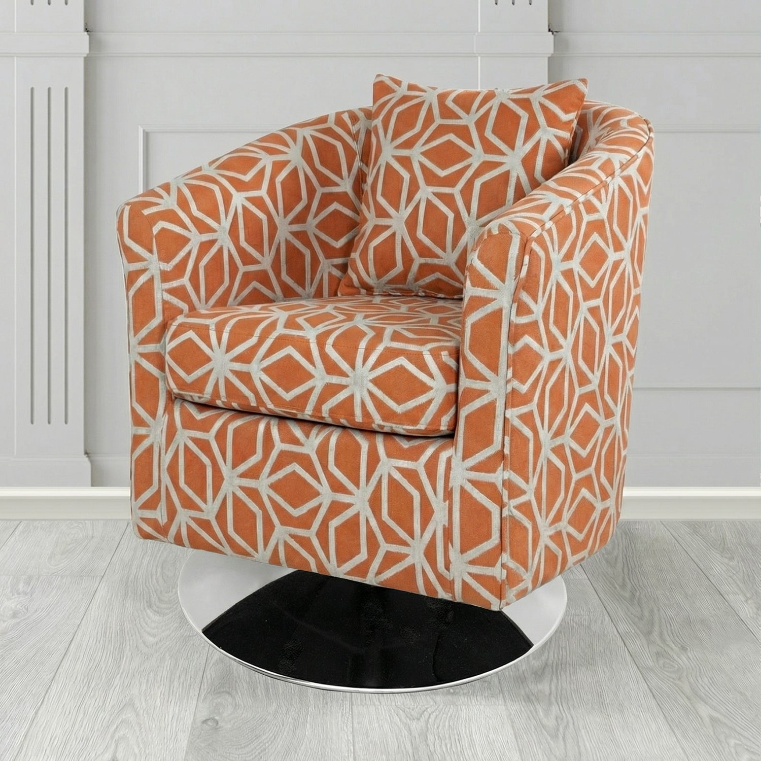 St Tropez Swivel Tub Chair in Panaz Fabrics Lexington Corinthia Geometric Crib 5 Velvet Fabric with Scatter Cushion