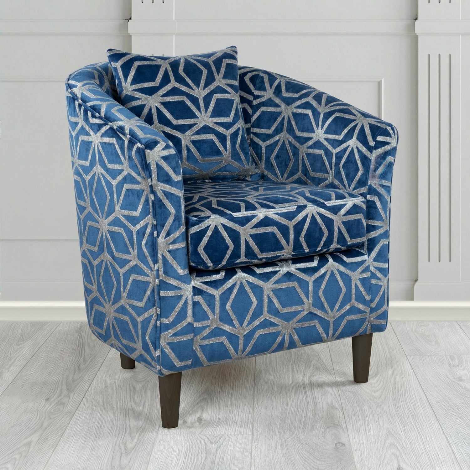 St Tropez Tub Chair in Panaz Fabrics Lexington Corinthia Geometric Crib 5 Velvet Fabric with Scatter Cushion