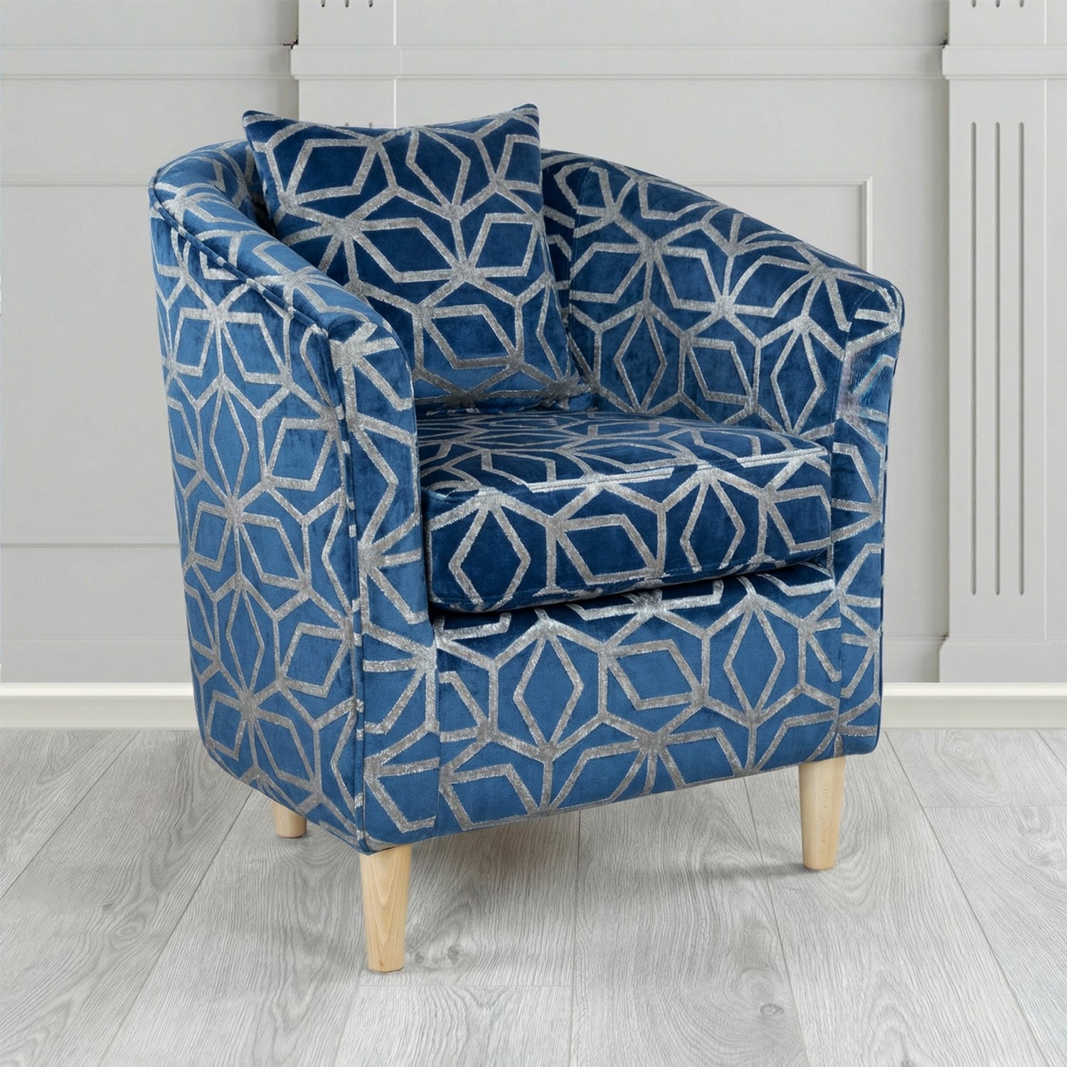 St Tropez Tub Chair in Panaz Fabrics Lexington Corinthia Geometric Crib 5 Velvet Fabric with Scatter Cushion