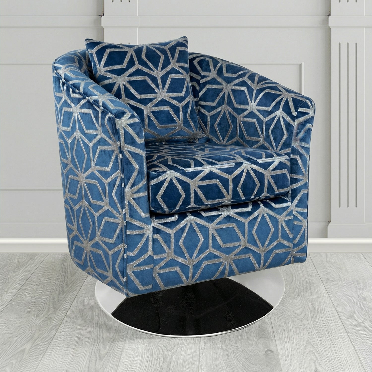 St Tropez Swivel Tub Chair in Panaz Fabrics Lexington Corinthia Geometric Crib 5 Velvet Fabric with Scatter Cushion