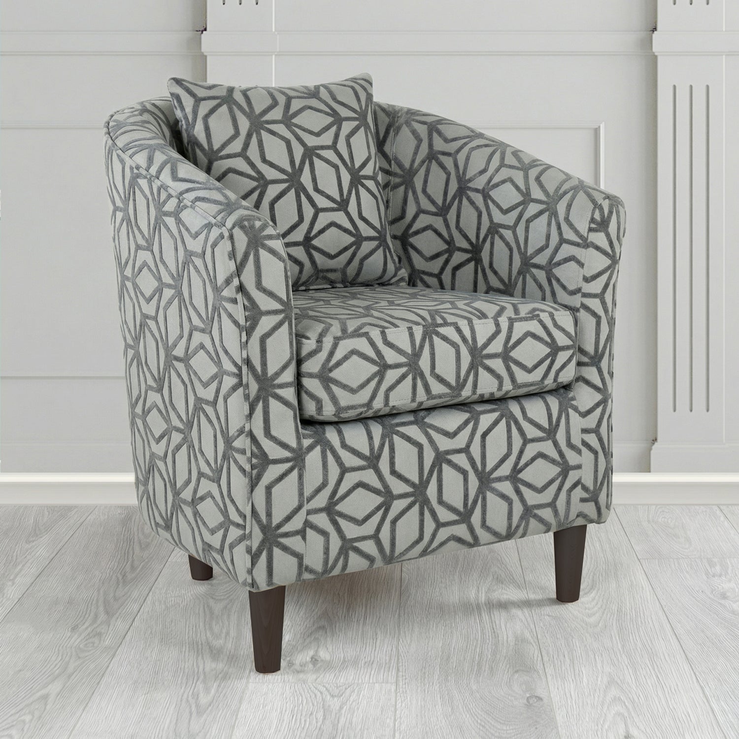 St Tropez Tub Chair in Panaz Fabrics Lexington Corinthia Geometric Crib 5 Velvet Fabric with Scatter Cushion