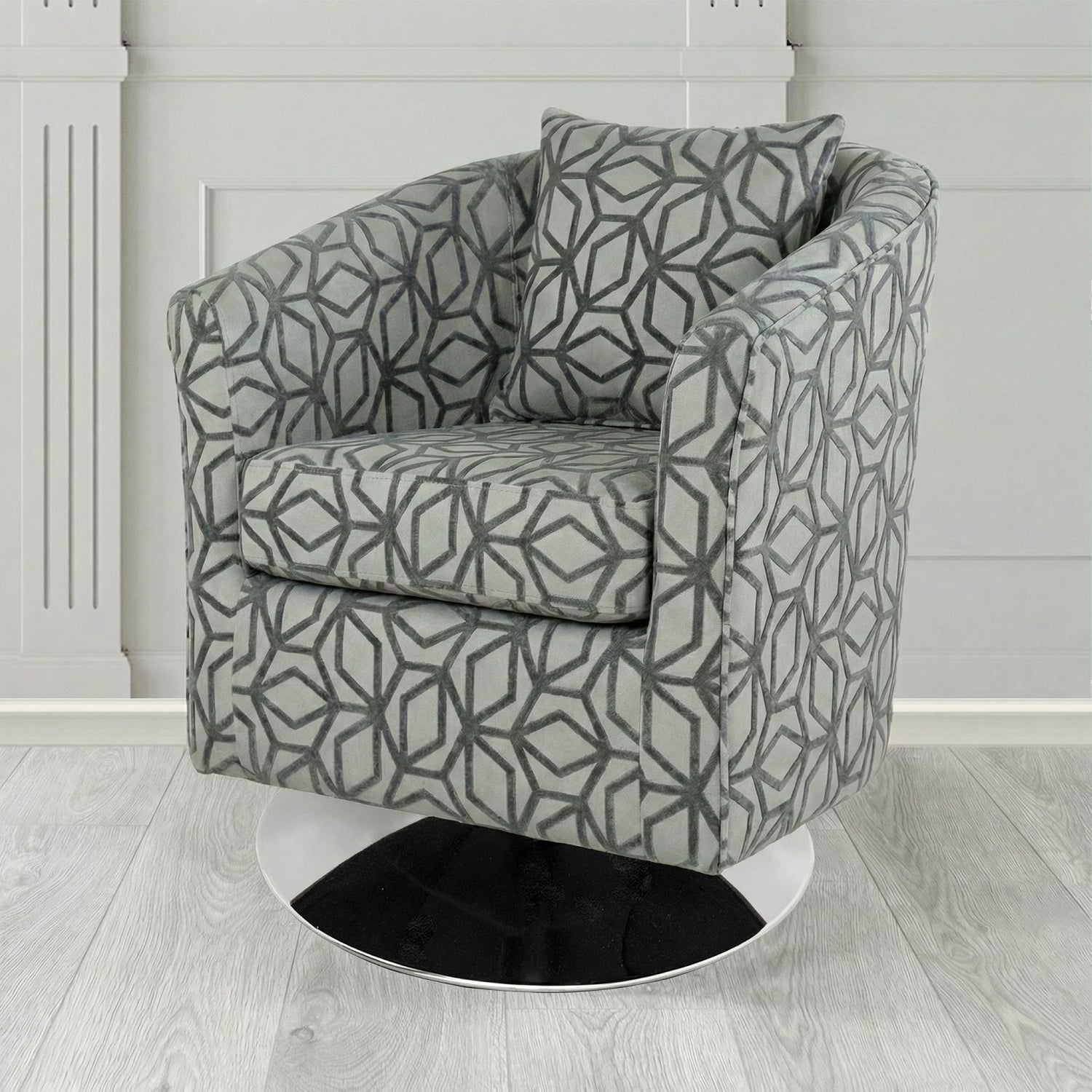 St Tropez Swivel Tub Chair in Panaz Fabrics Lexington Corinthia Geometric Crib 5 Velvet Fabric with Scatter Cushion