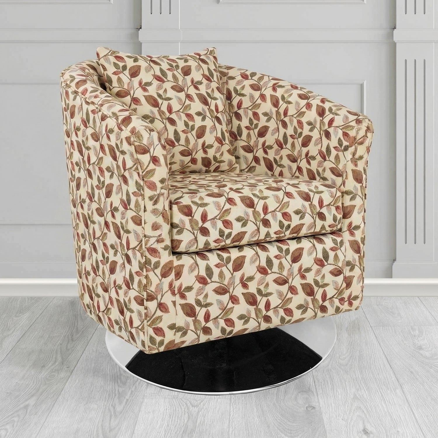 St Tropez Swivel Tub Chair in Porter and Stone Vercelli Floral Fabric with Scatter Cushion