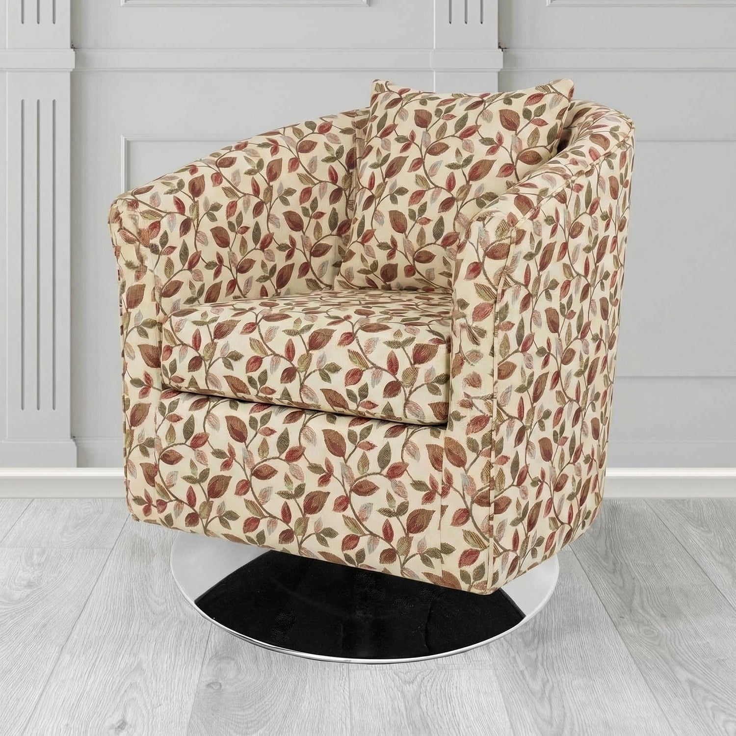 St Tropez Swivel Tub Chair in Porter and Stone Vercelli Floral Fabric with Scatter Cushion
