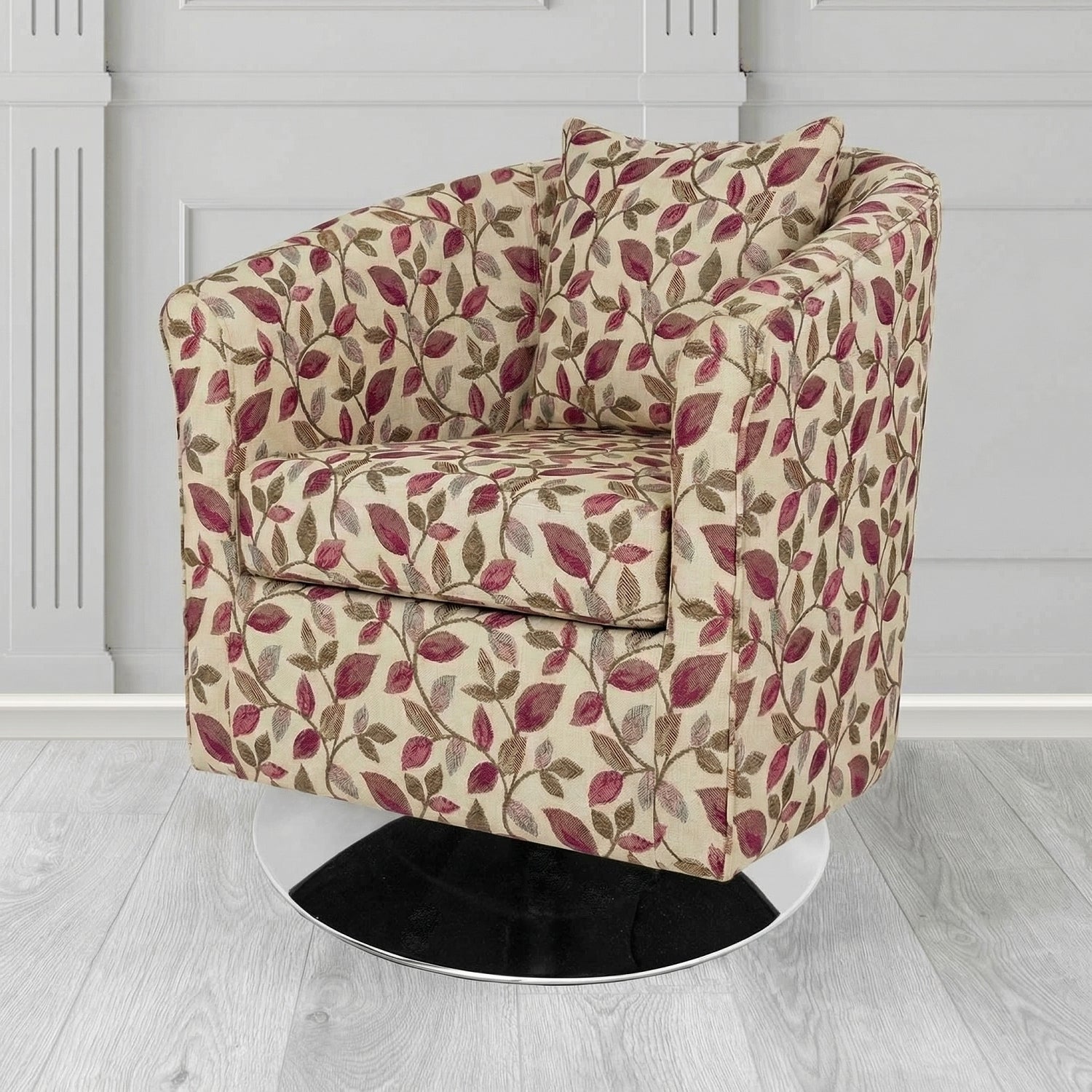 St Tropez Swivel Tub Chair in Porter and Stone Vercelli Floral Fabric with Scatter Cushion