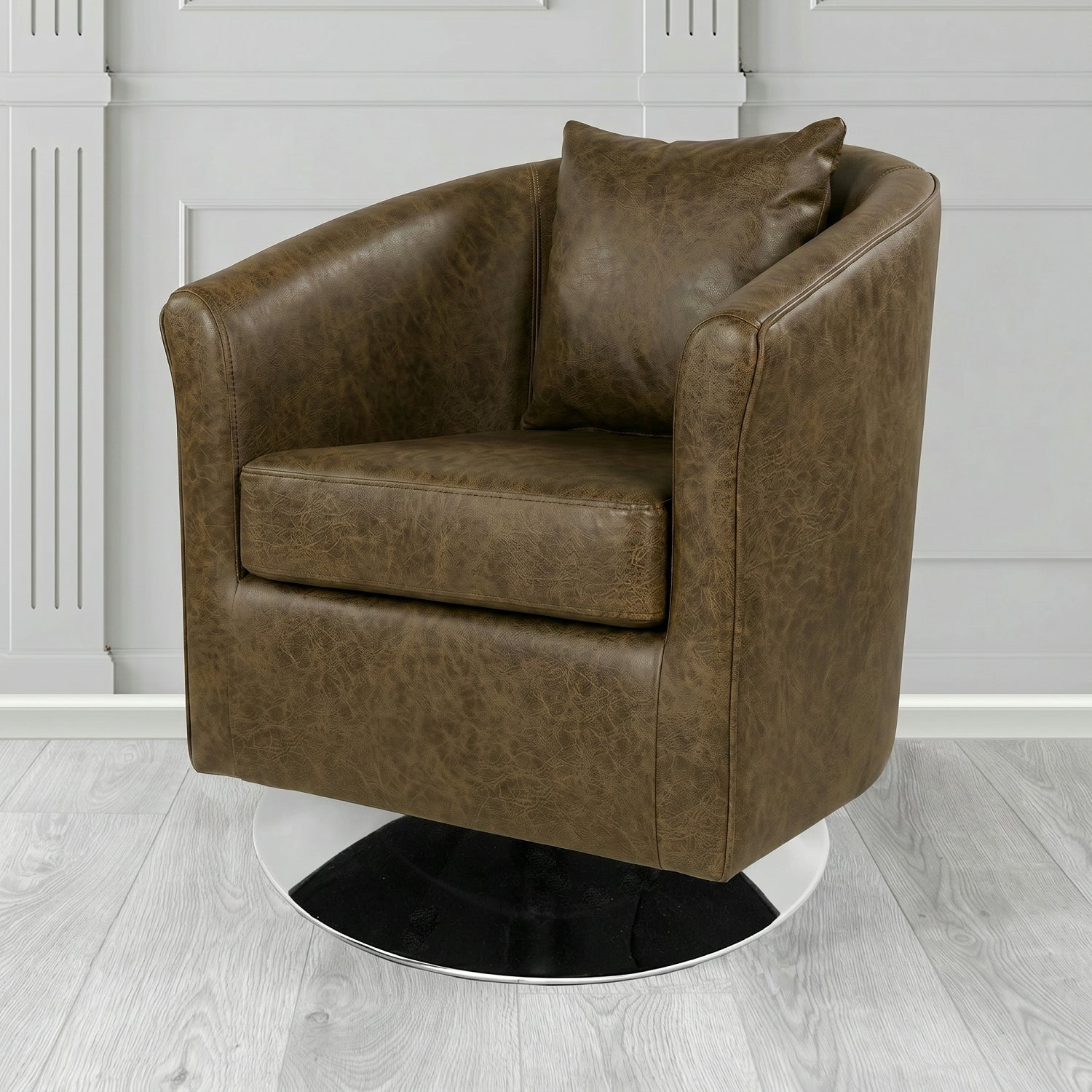 St Tropez Swivel Tub Chair in Crest Leather Saloon Semi-Aniline Crib 5 Genuine Leather with Scatter Cushion