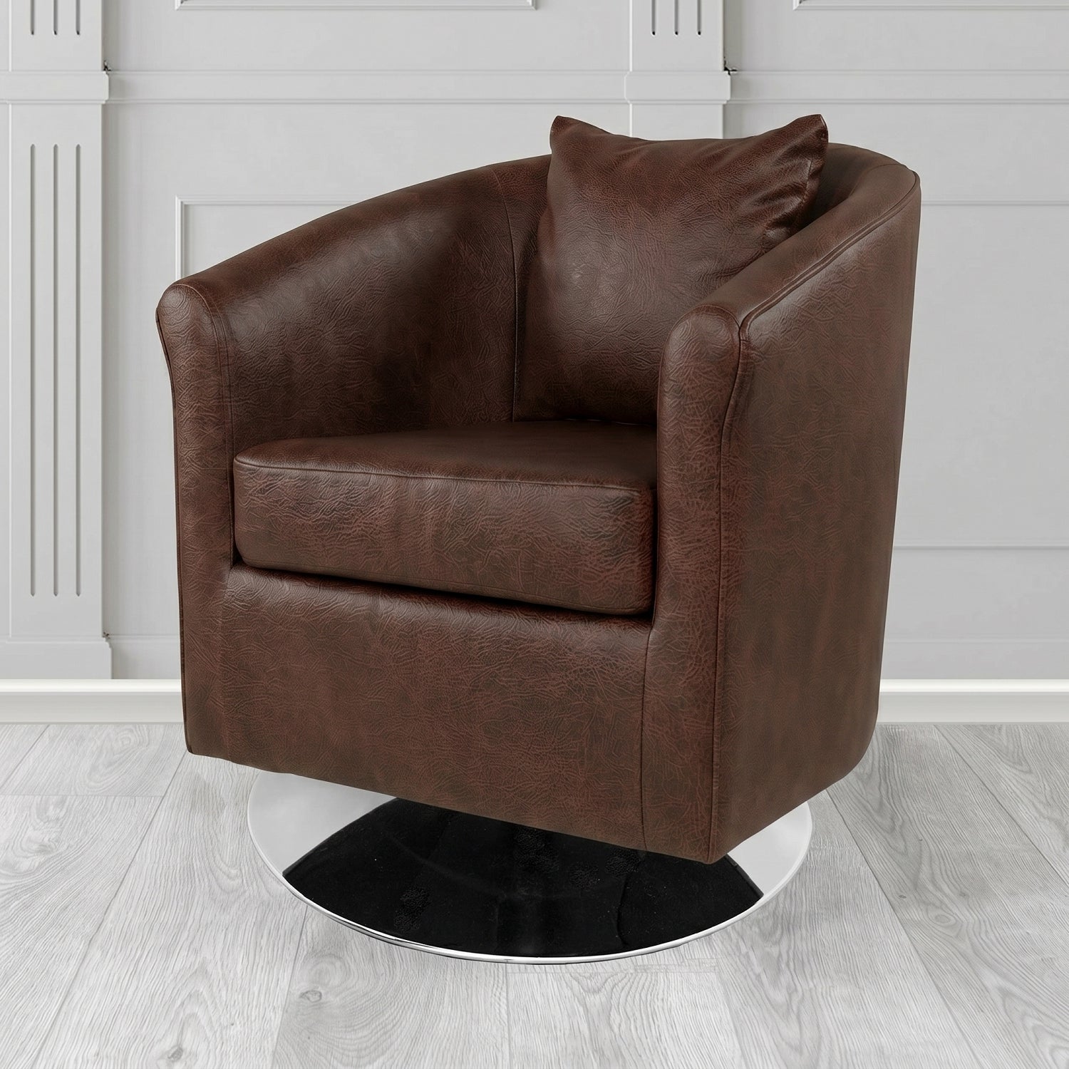 St Tropez Swivel Tub Chair in Crest Leather Saloon Semi-Aniline Crib 5 Genuine Leather with Scatter Cushion