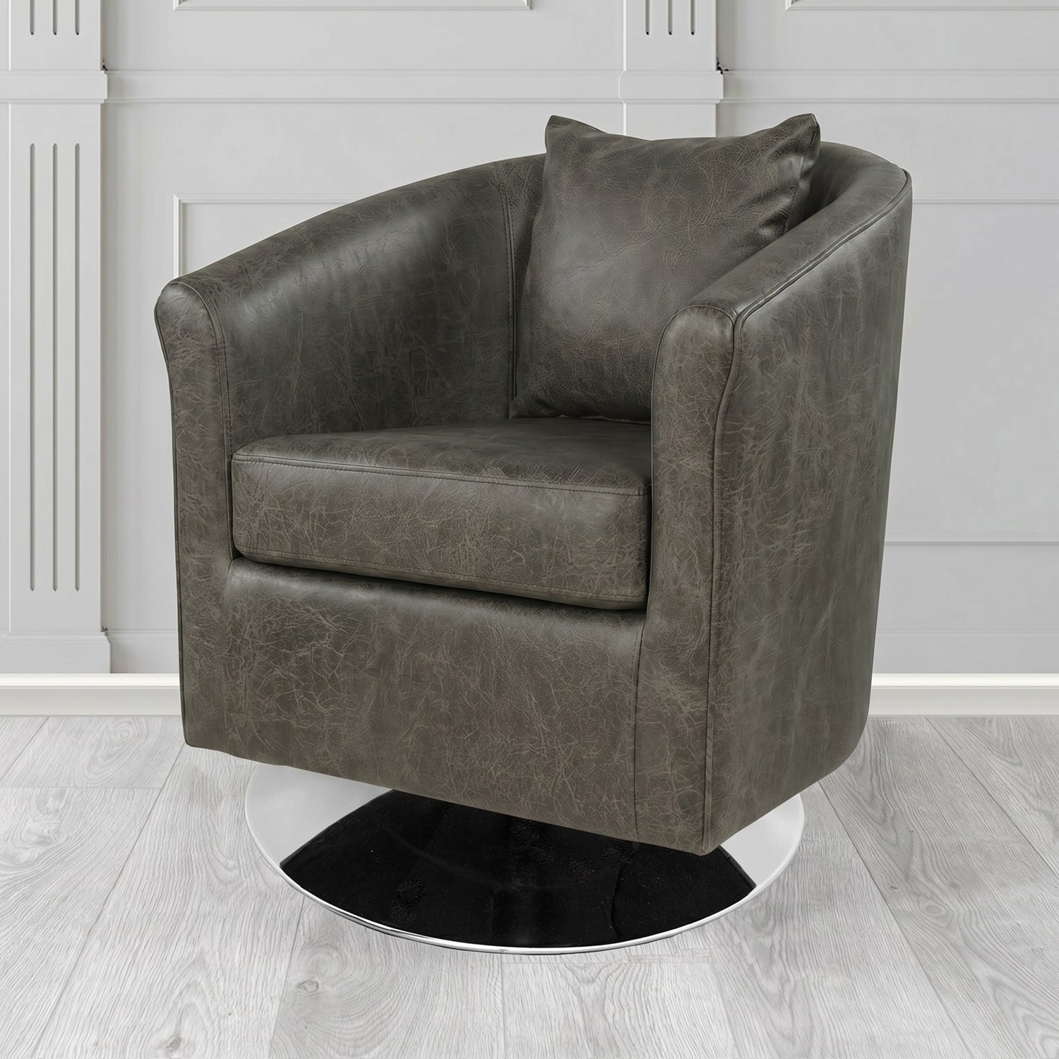 St Tropez Swivel Tub Chair in Crest Leather Saloon Semi-Aniline Crib 5 Genuine Leather with Scatter Cushion