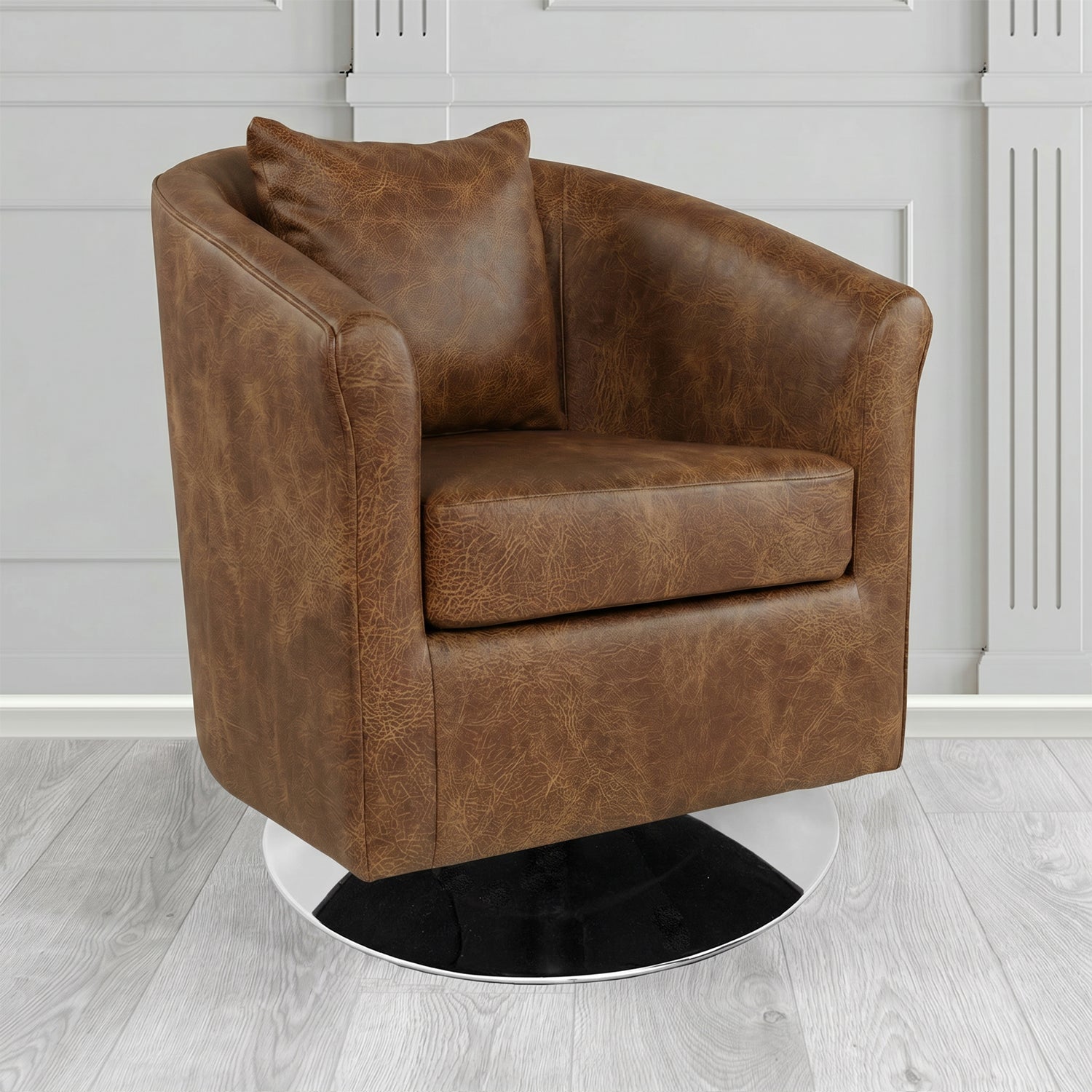 St Tropez Swivel Tub Chair in Crest Leather Saloon Semi-Aniline Crib 5 Genuine Leather with Scatter Cushion