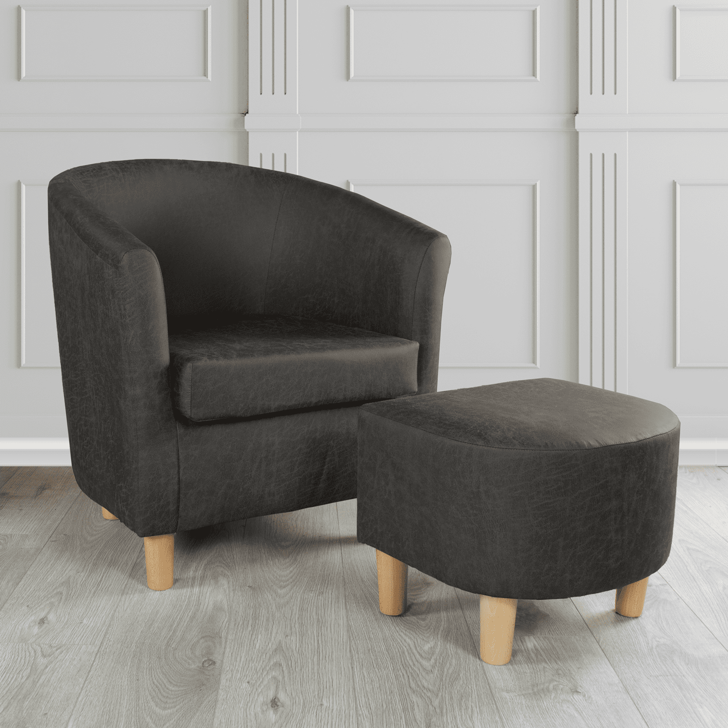 Tuscany Nevada Black Faux Leather Tub Chair with Dee Footstool Set - The Tub Chair Shop