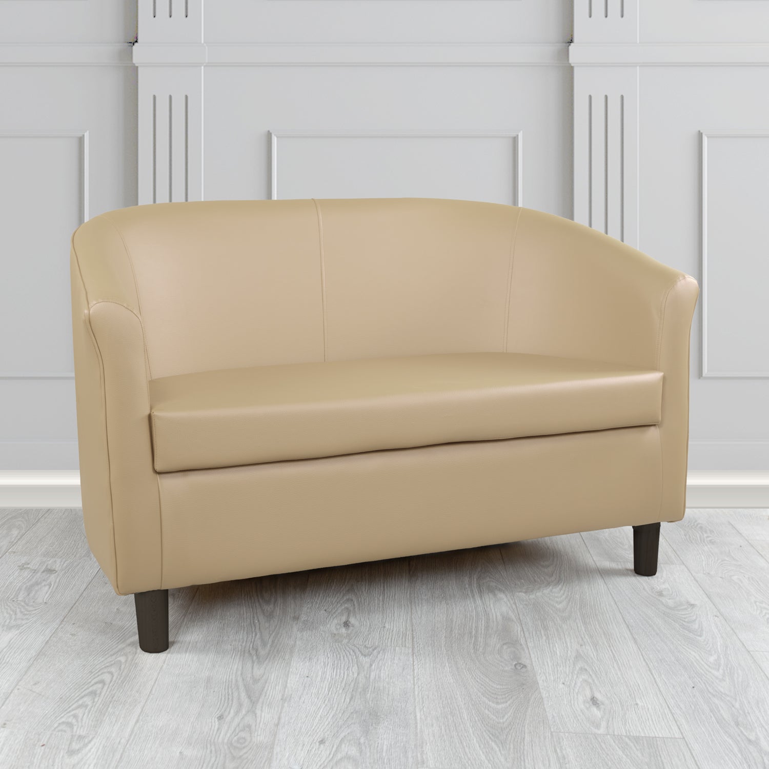 Tuscany 2 Seater Tub Sofa in Chieftain Fabrics Just Colour Crib 5 Faux Leather with Dark Wood Legs