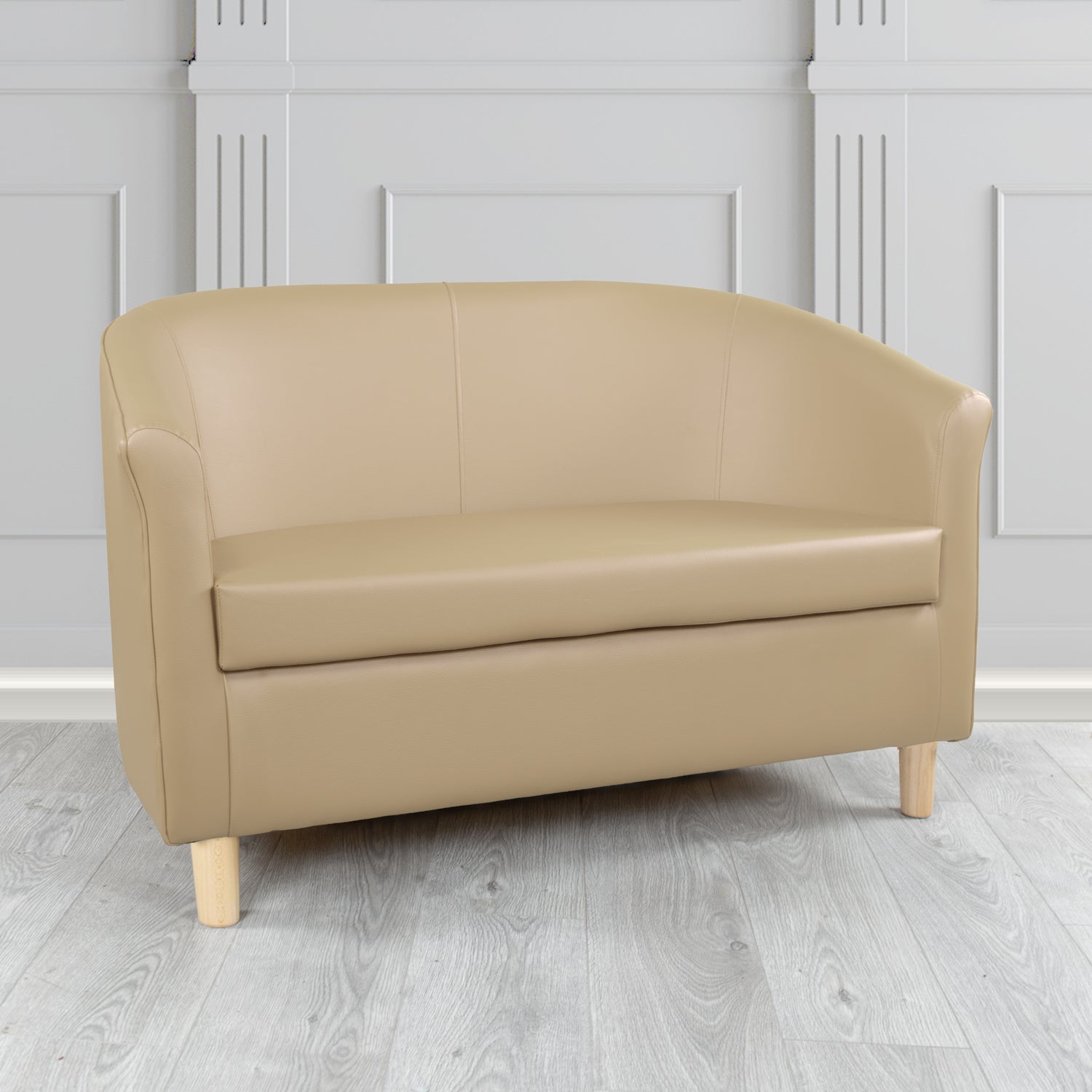 Tuscany 2 Seater Tub Sofa in Chieftain Fabrics Just Colour Crib 5 Faux Leather with Light Wood Legs