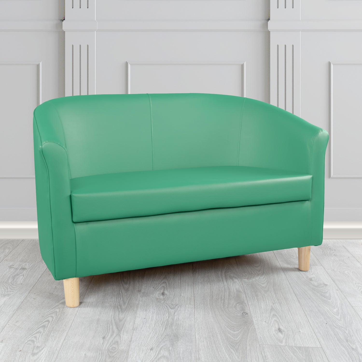 Tuscany 2 Seater Tub Sofa in Chieftain Fabrics Just Colour Crib 5 Faux Leather with Light Wood Legs