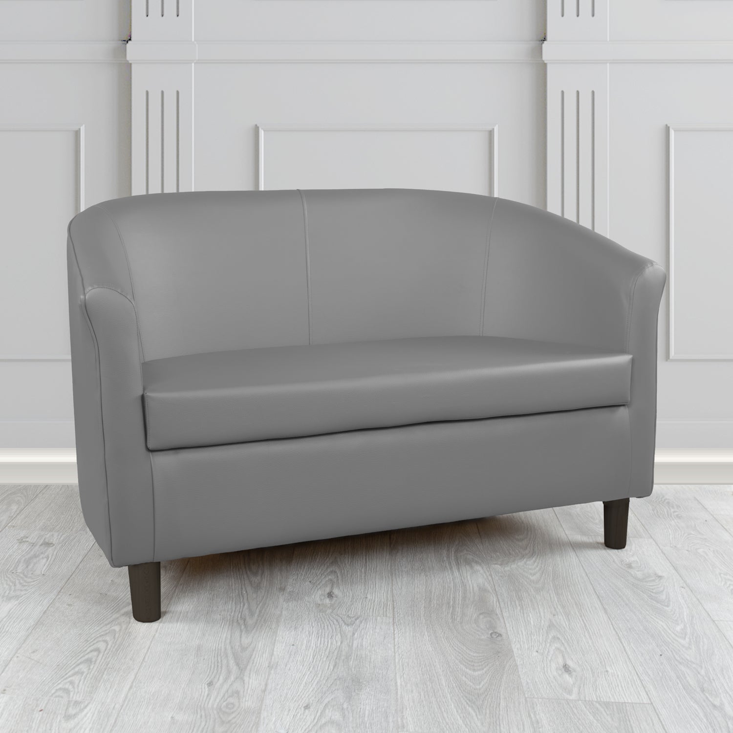 Tuscany 2 Seater Tub Sofa in Chieftain Fabrics Just Colour Crib 5 Faux Leather with Dark Wood Legs