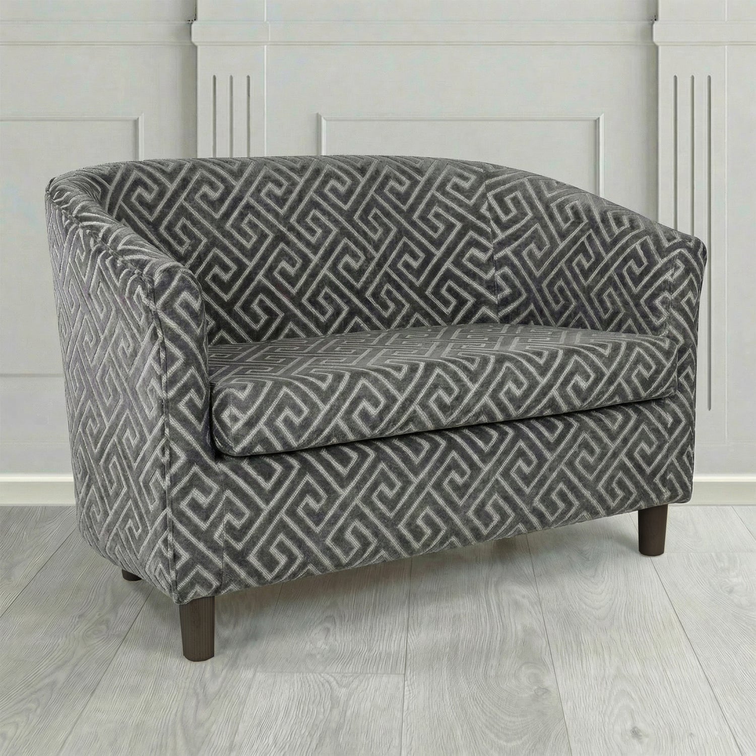 Tuscany 2 Seater Tub Sofa in Cristina Marrone Extravaganza Greek Key Geometric Fabric