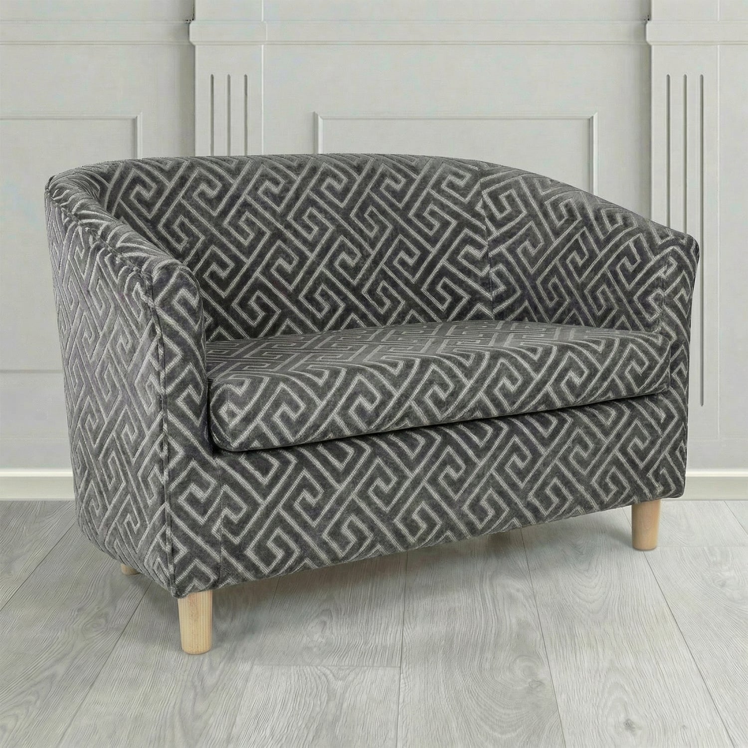 Tuscany 2 Seater Tub Sofa in Cristina Marrone Extravaganza Greek Key Geometric Fabric