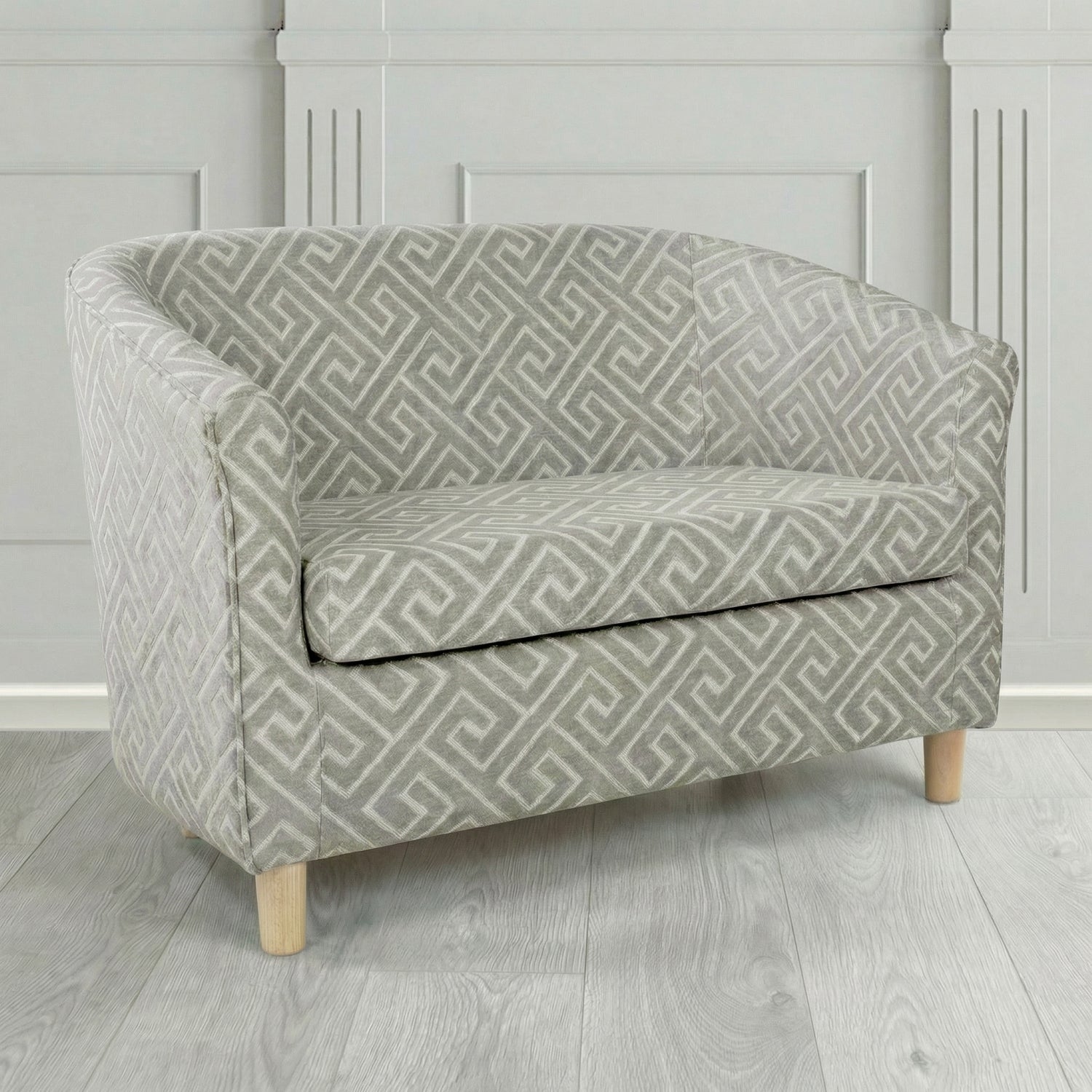 Tuscany 2 Seater Tub Sofa in Cristina Marrone Extravaganza Greek Key Geometric Fabric