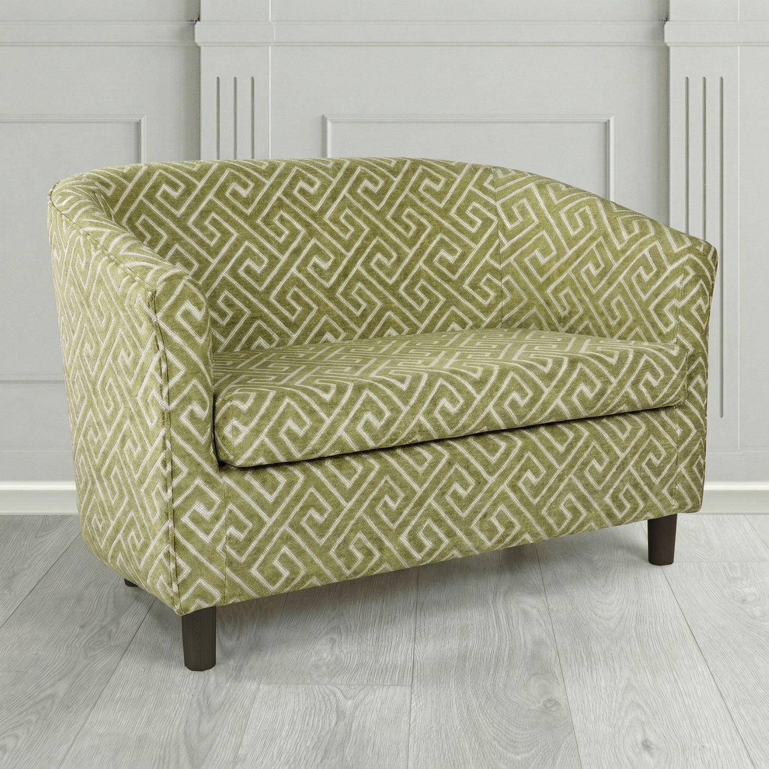 Tuscany 2 Seater Tub Sofa in Cristina Marrone Extravaganza Greek Key Geometric Fabric