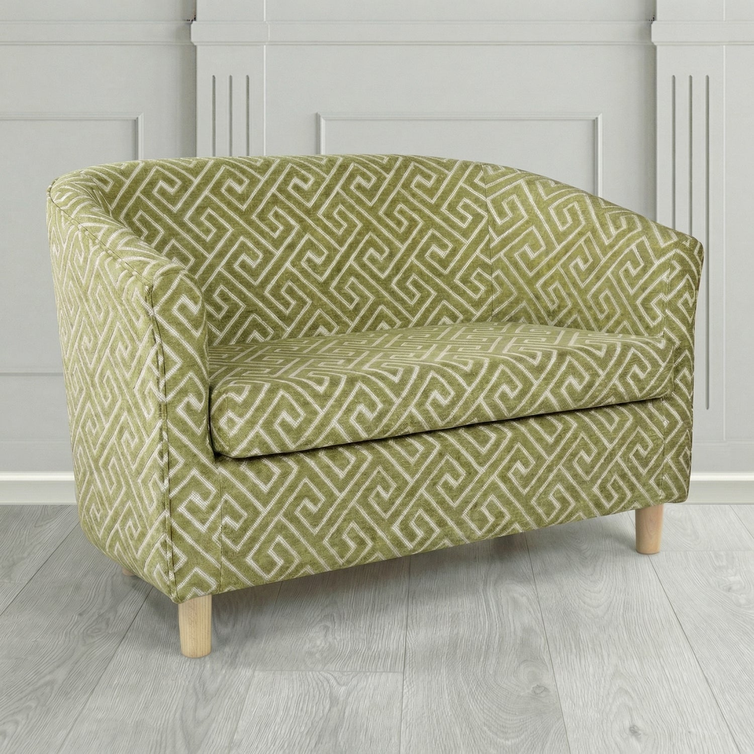 Tuscany 2 Seater Tub Sofa in Cristina Marrone Extravaganza Greek Key Geometric Fabric