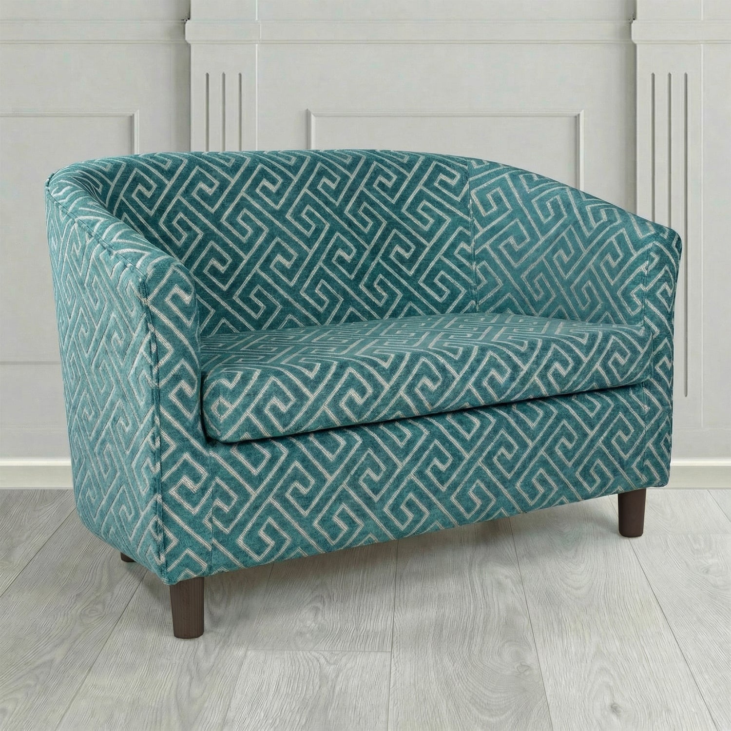 Tuscany 2 Seater Tub Sofa in Cristina Marrone Extravaganza Greek Key Geometric Fabric