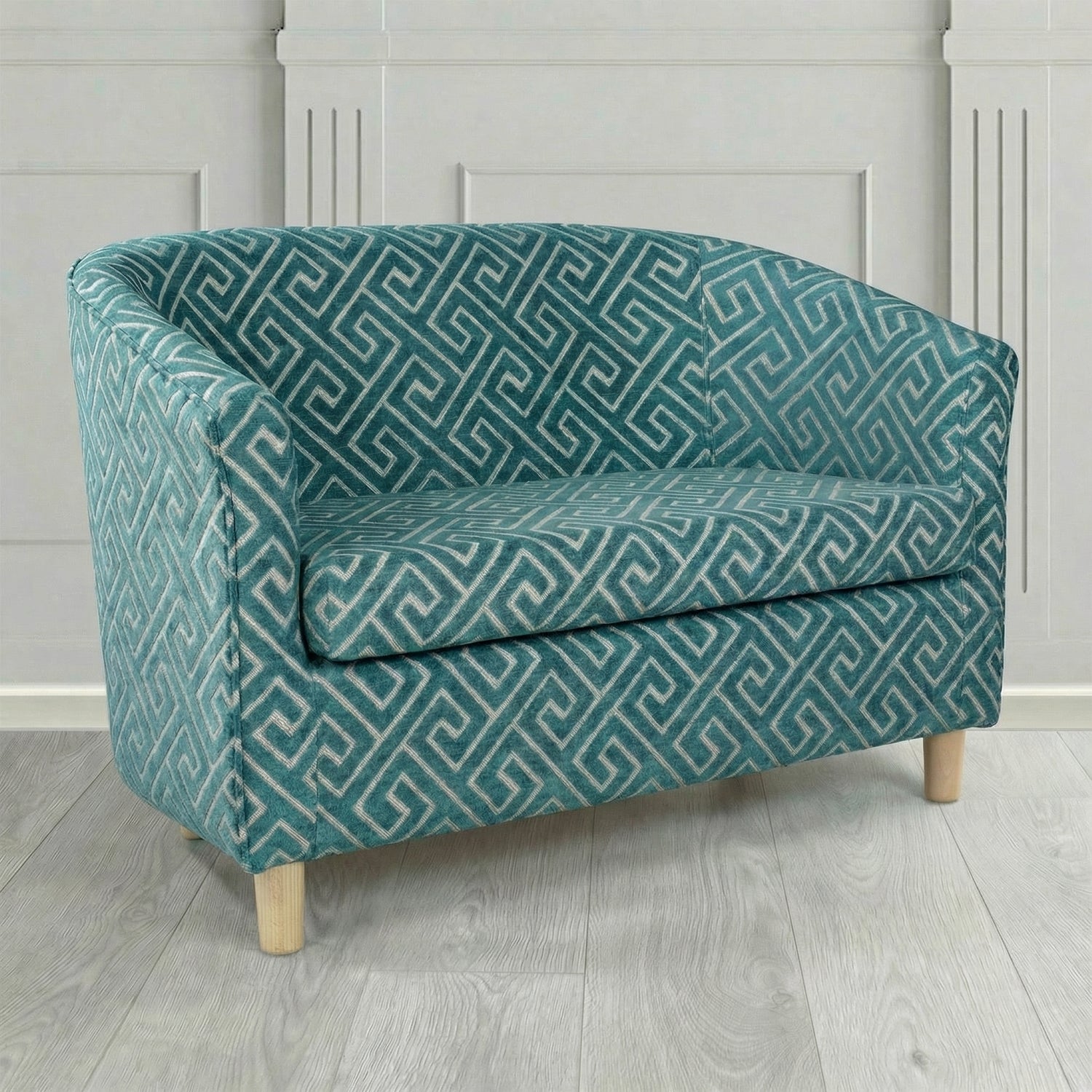 Tuscany 2 Seater Tub Sofa in Cristina Marrone Extravaganza Greek Key Geometric Fabric