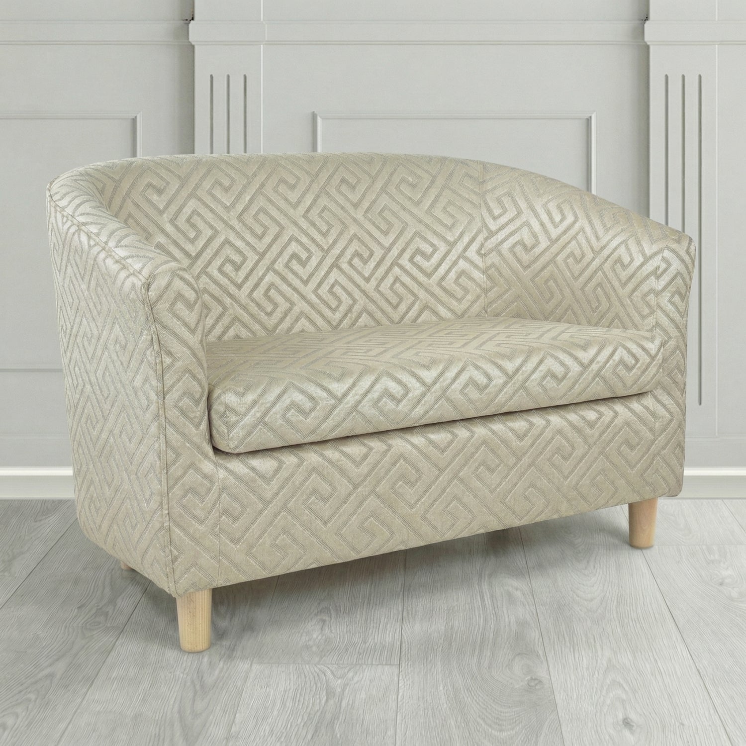 Tuscany 2 Seater Tub Sofa in Cristina Marrone Extravaganza Greek Key Geometric Fabric