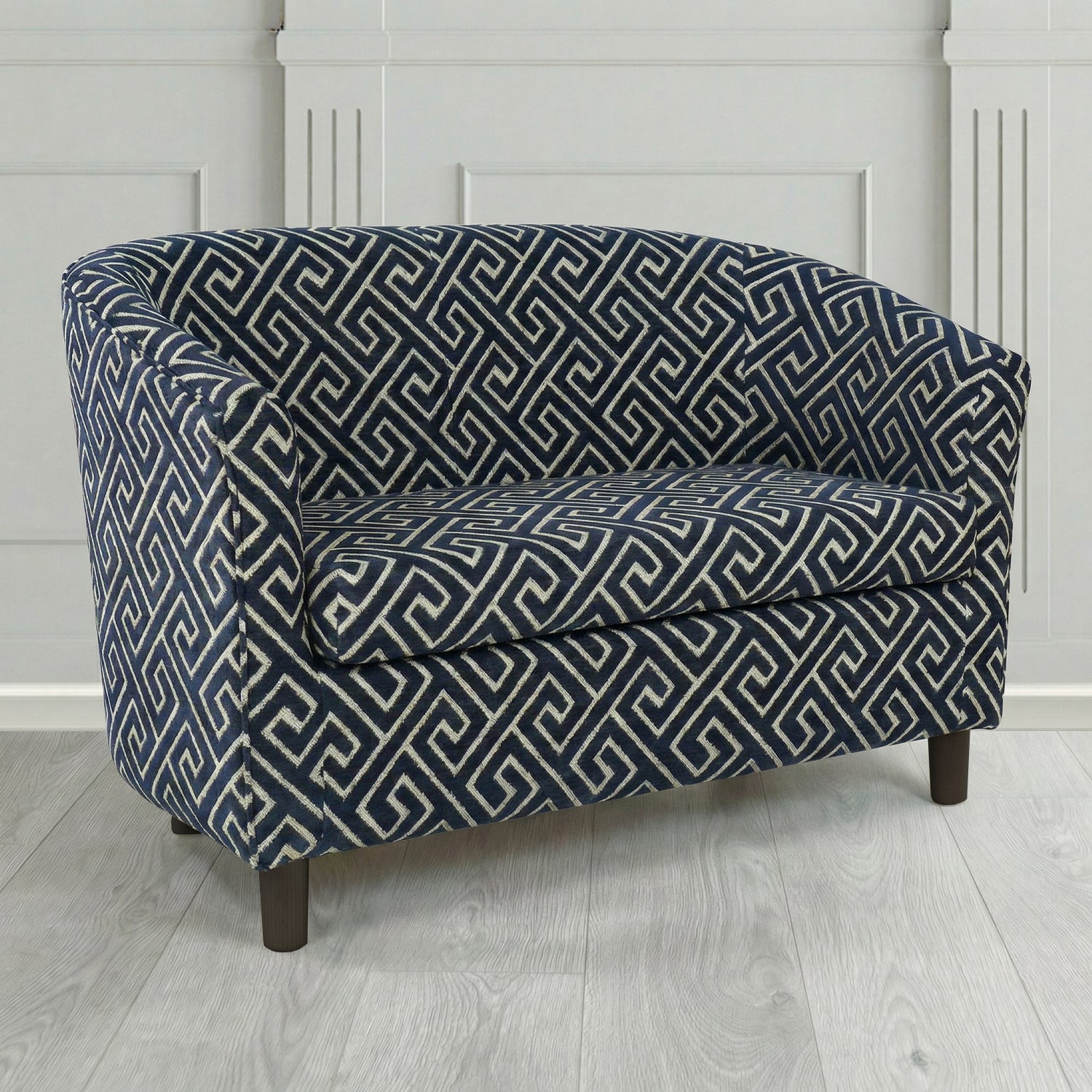 Tuscany 2 Seater Tub Sofa in Cristina Marrone Extravaganza Greek Key Geometric Fabric