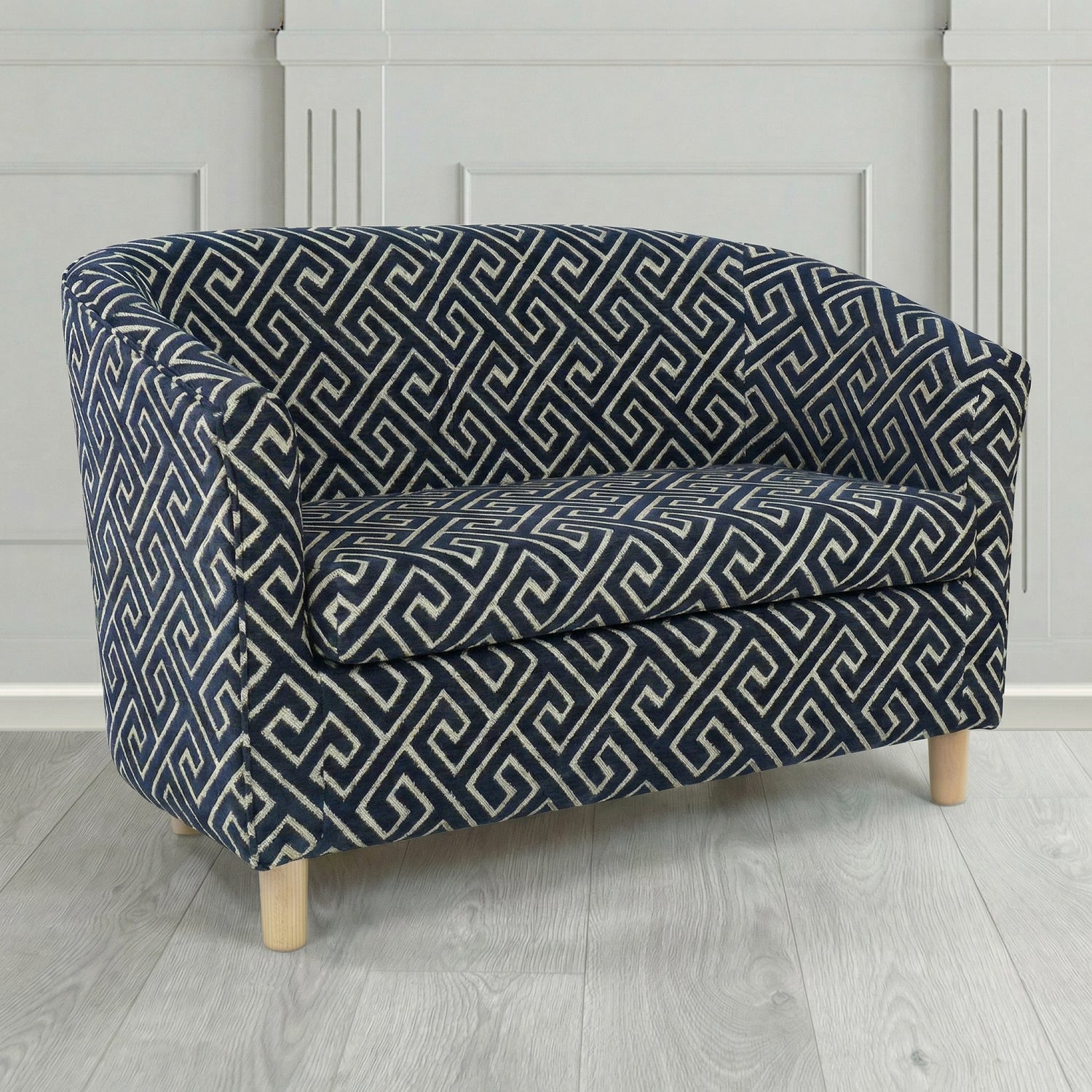 Tuscany 2 Seater Tub Sofa in Cristina Marrone Extravaganza Greek Key Geometric Fabric