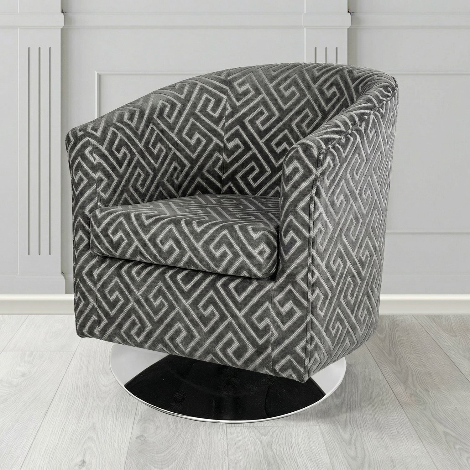 Tuscany Swivel Tub Chair in Cristina Marrone Extravaganza Greek Key Geometric Fabric