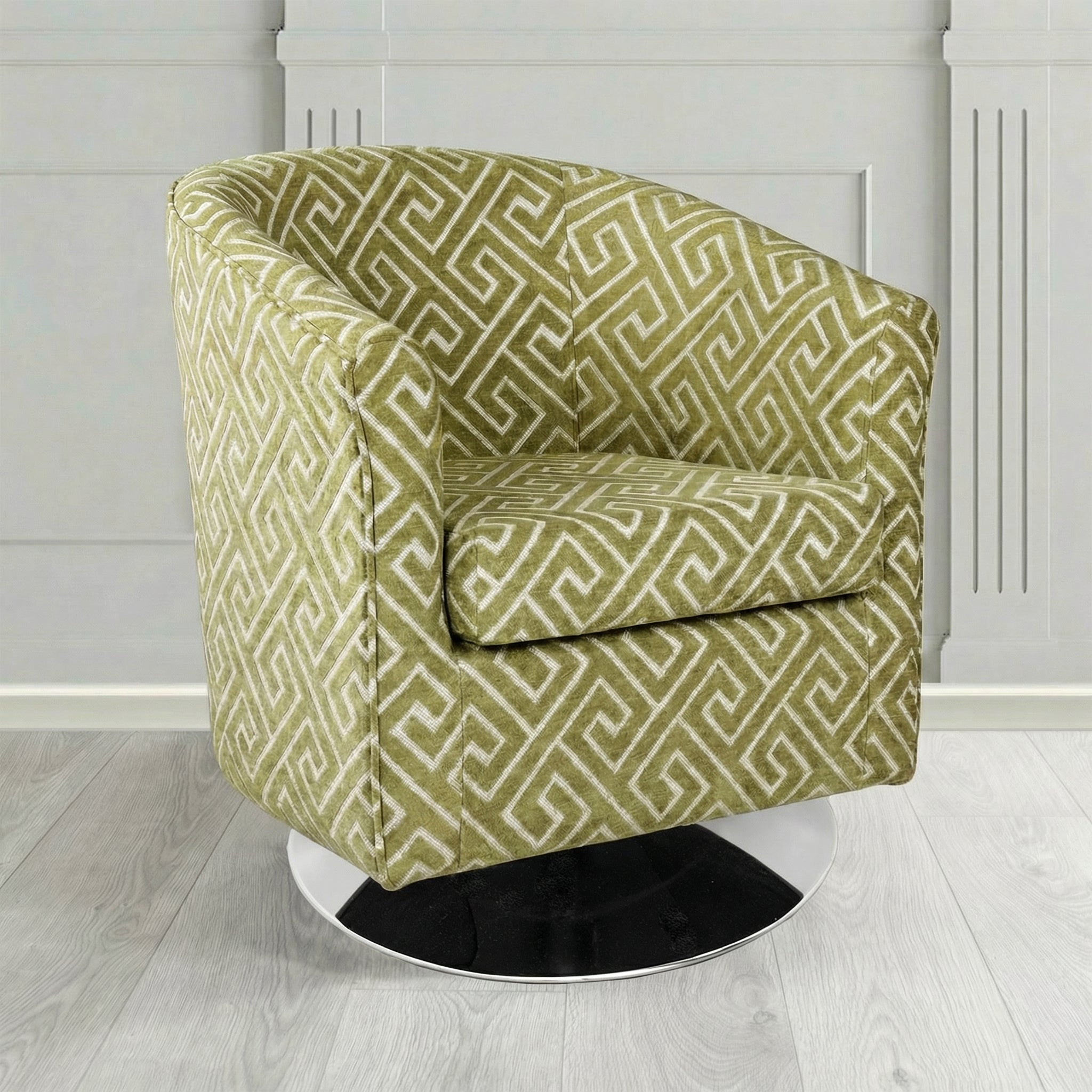Tuscany Swivel Tub Chair in Cristina Marrone Extravaganza Greek Key Geometric Fabric