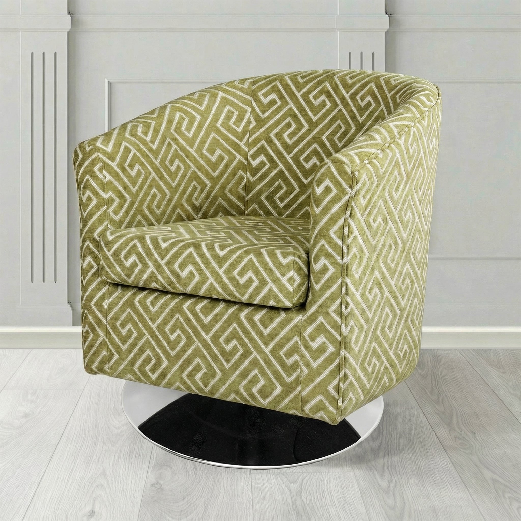Tuscany Swivel Tub Chair in Cristina Marrone Extravaganza Greek Key Geometric Fabric