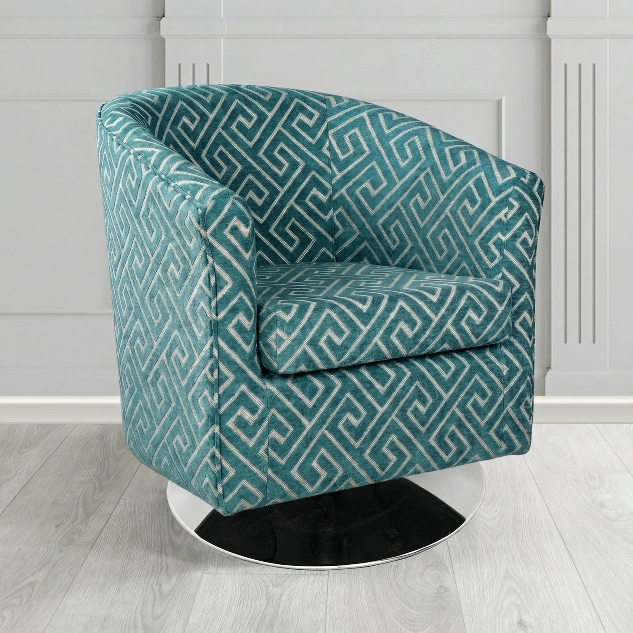 Tuscany Swivel Tub Chair in Cristina Marrone Extravaganza Greek Key Geometric Fabric