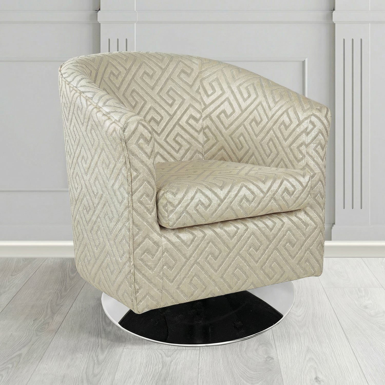 Tuscany Swivel Tub Chair in Cristina Marrone Extravaganza Greek Key Geometric Fabric