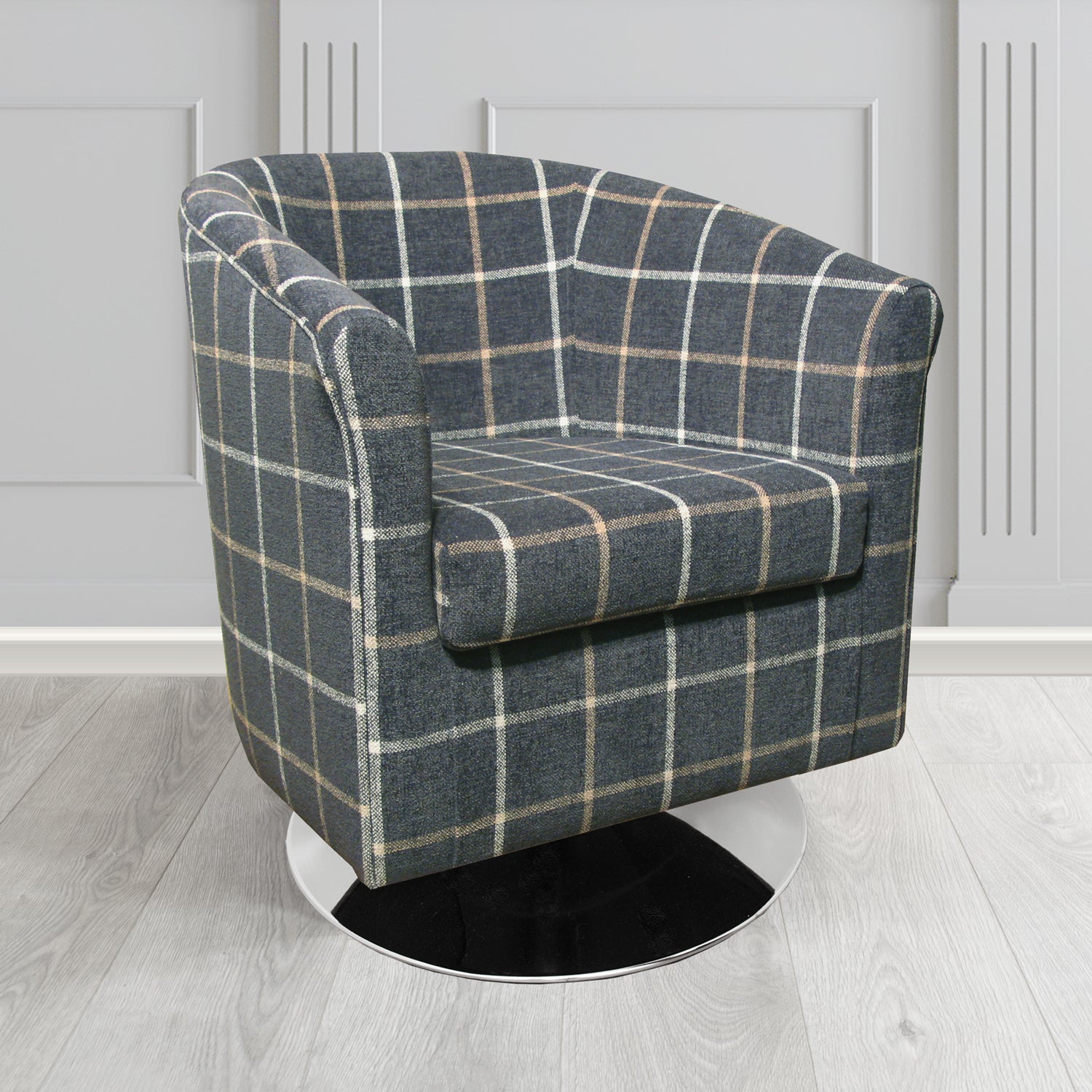 Tuscany Swivel Tub Chair in Cristina Marrone Lana Check Tartan Crib 5 Fabric