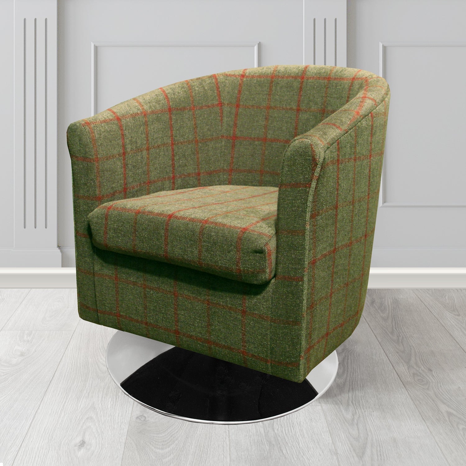 Tuscany Swivel Tub Chair in Cristina Marrone Lana Check Tartan Crib 5 Fabric